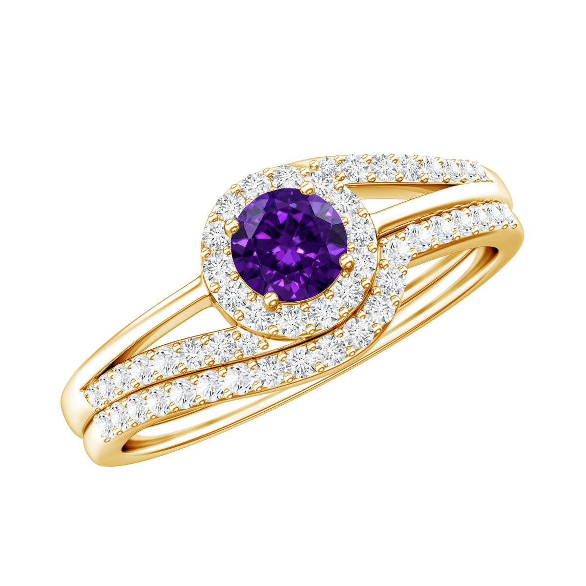 0.4 Carat Natural Amethyst Diamond Wedding Bridal Ring Set of 2 AAA - Rosec Jewels