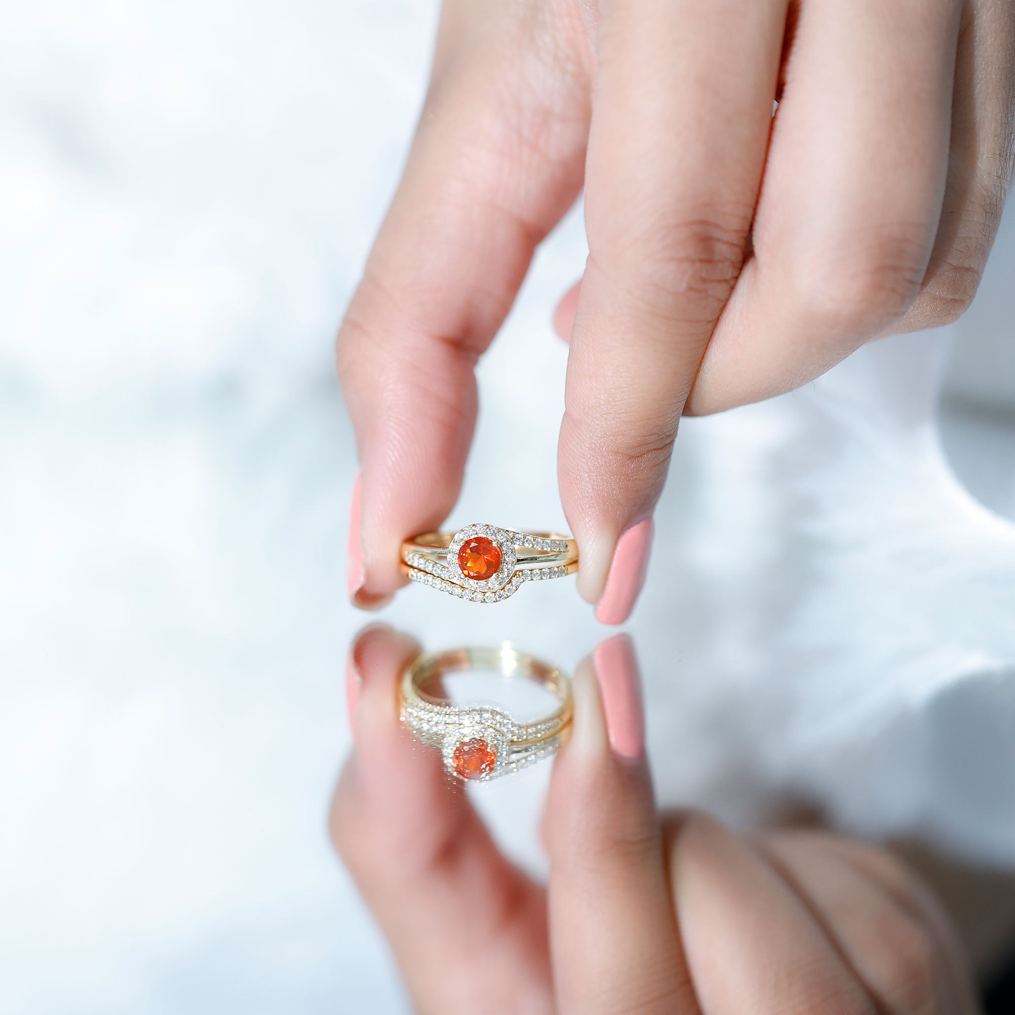 Certified Fire Opal Engagement Ring with Diamond Enhancer AAA - Rosec Jewels