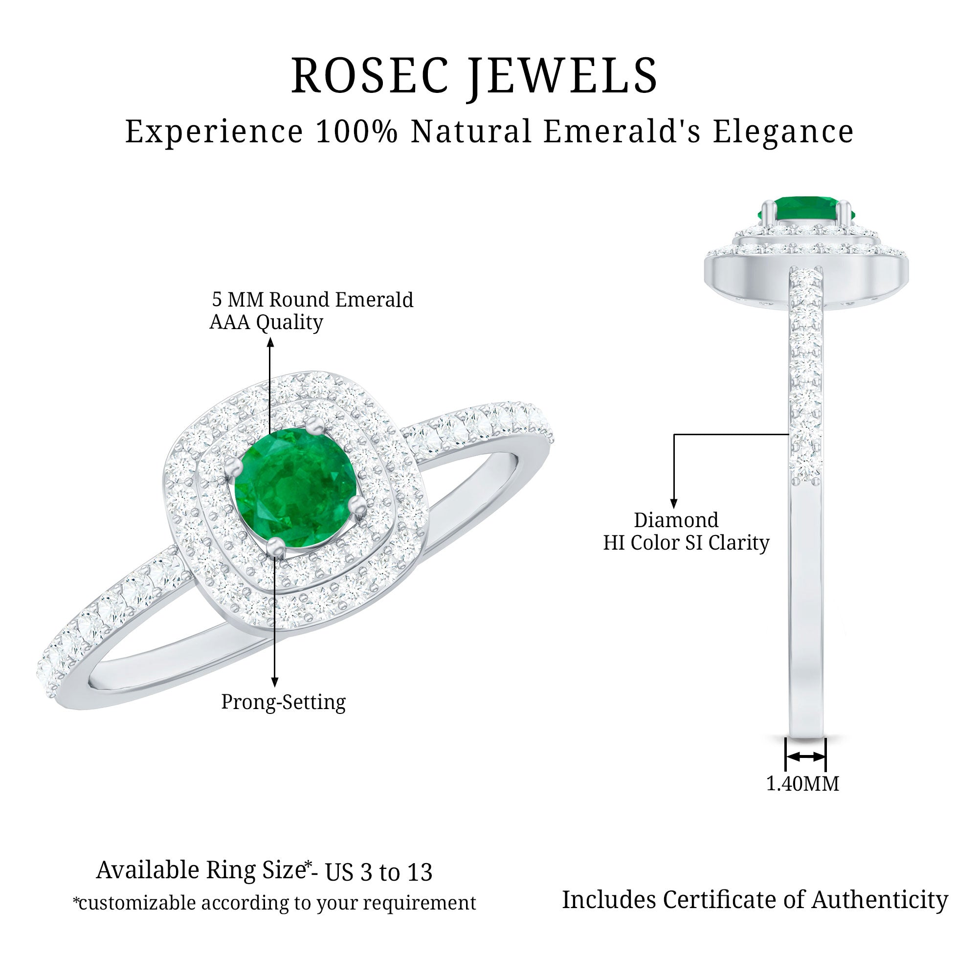Round Emerald and Diamond Double Halo Engagement Ring AAA - Rosec Jewels