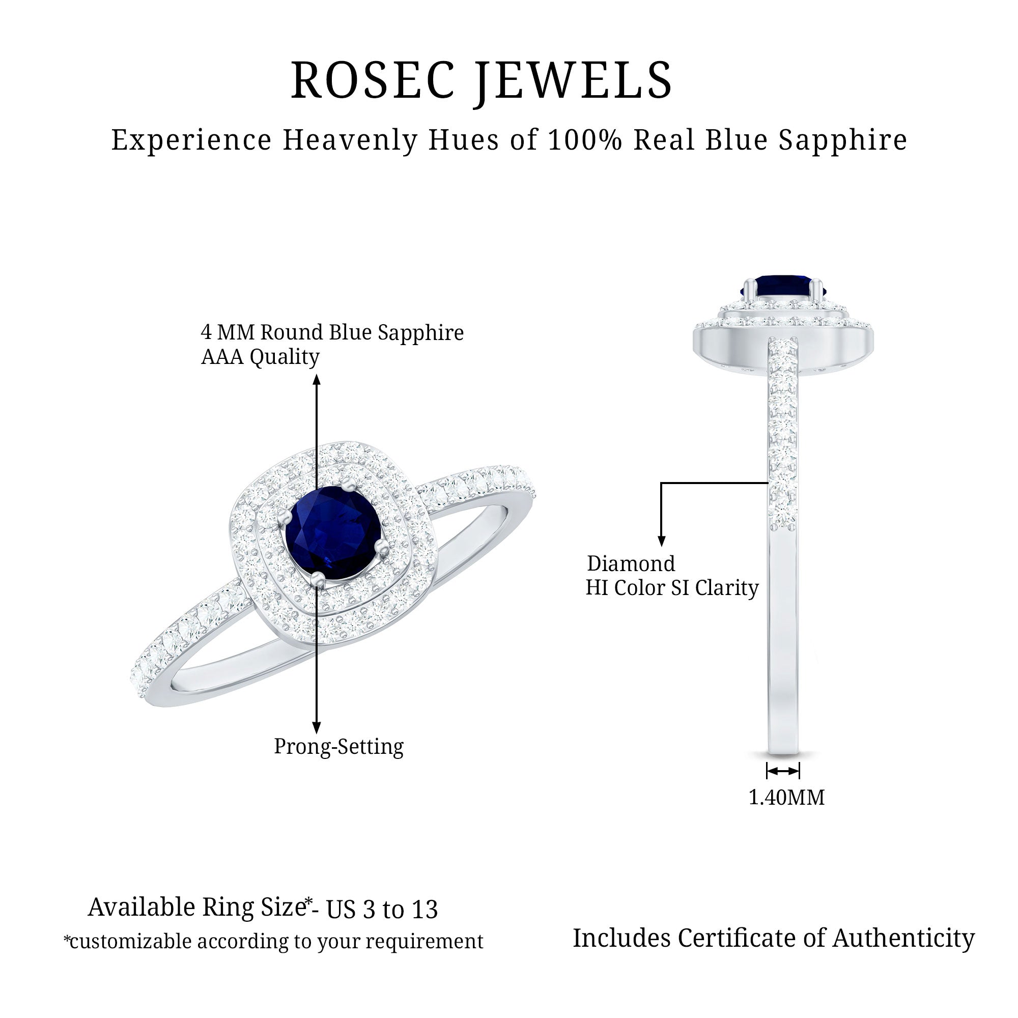 Rosec Jewels-3/4 CT Classic Blue Sapphire Double Halo Engagement Ring with Diamond