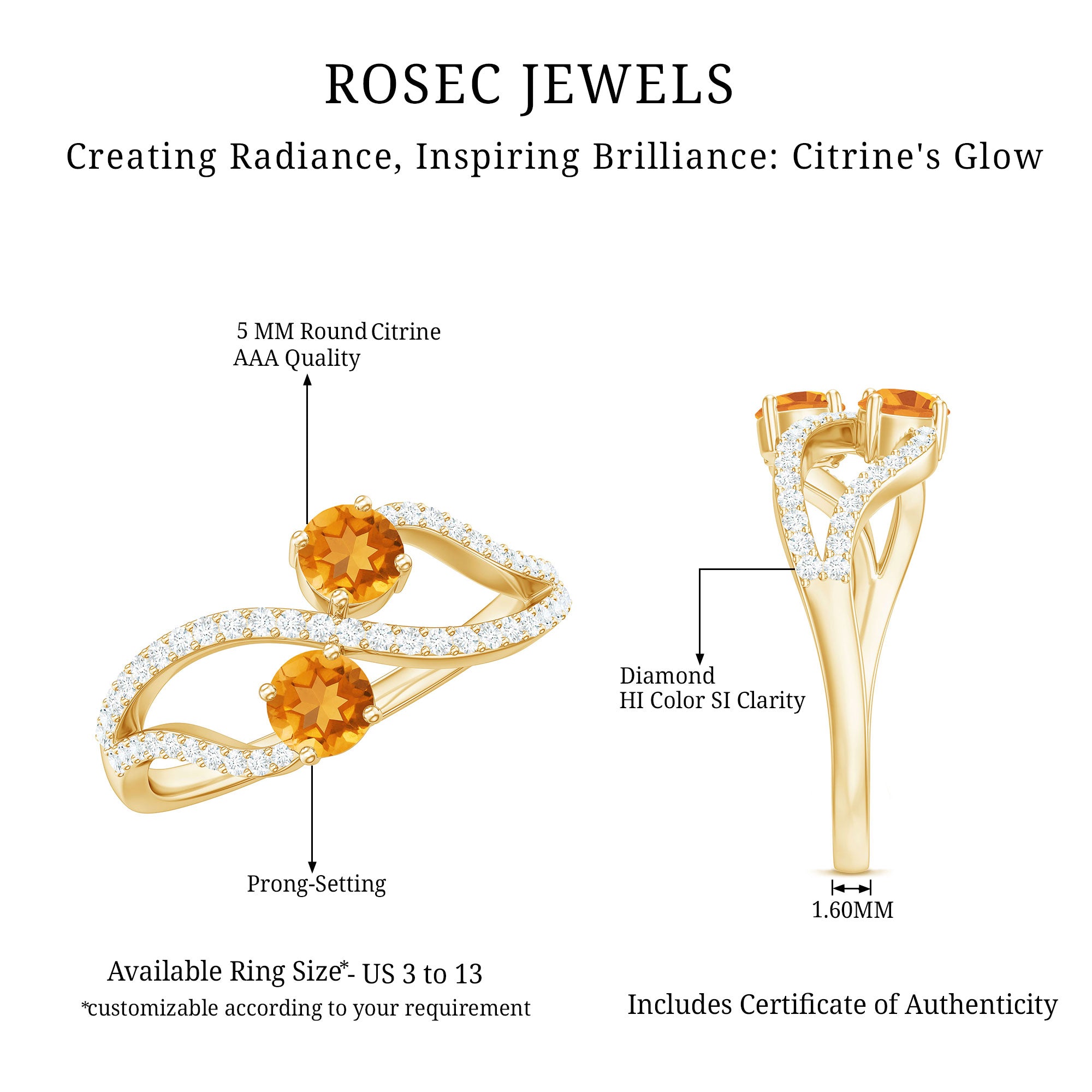 Rosec Jewels-Natural Citrine Toi Et Moi Engagement Ring with Diamond