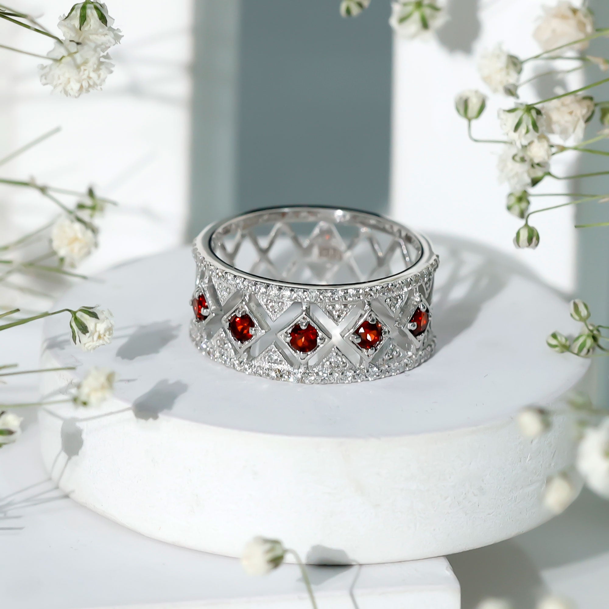Art Deco Garnet Diamond Thick Wedding Band with Certificate AAA - Rosec Jewels