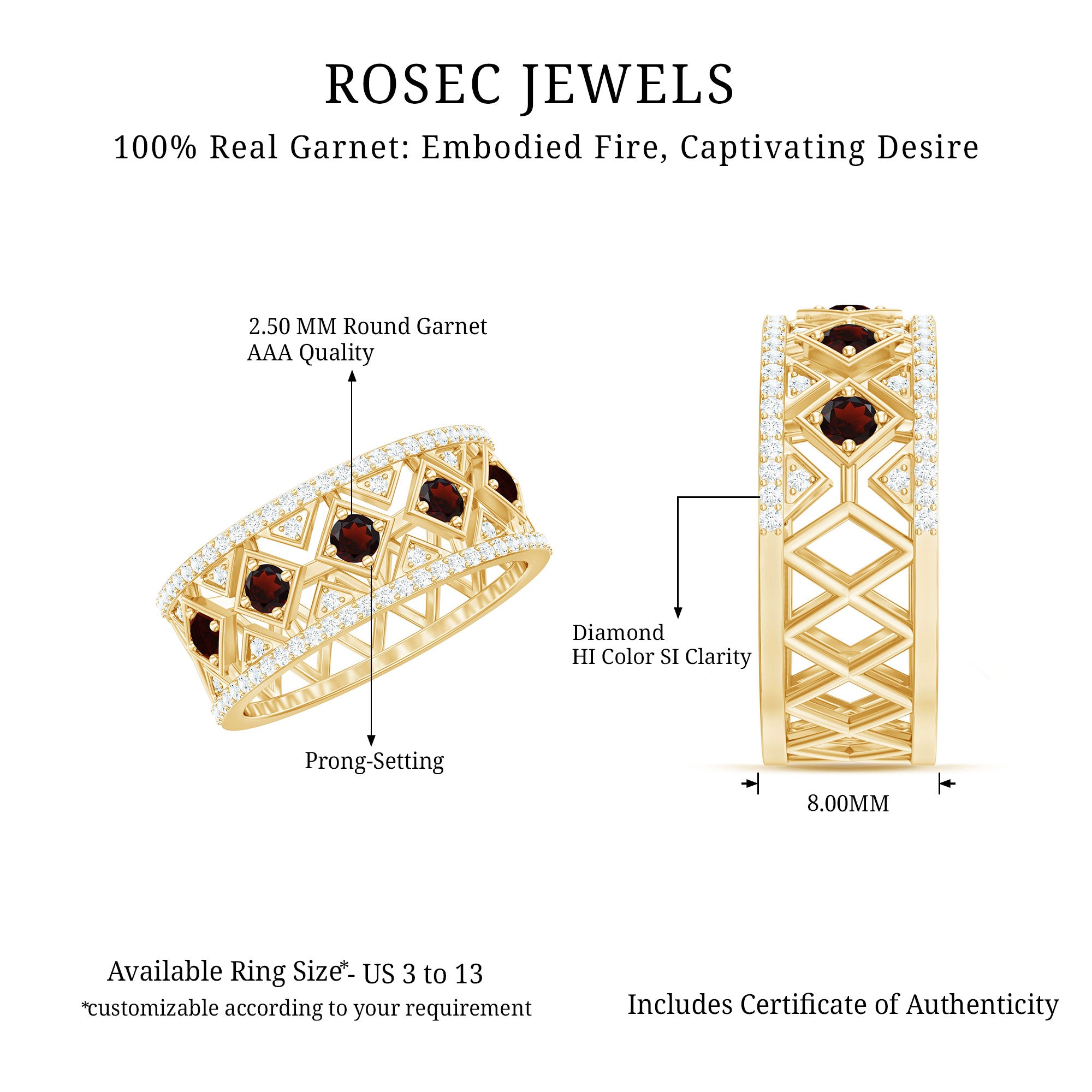 Art Deco Garnet Diamond Thick Wedding Band with Certificate AAA - Rosec Jewels