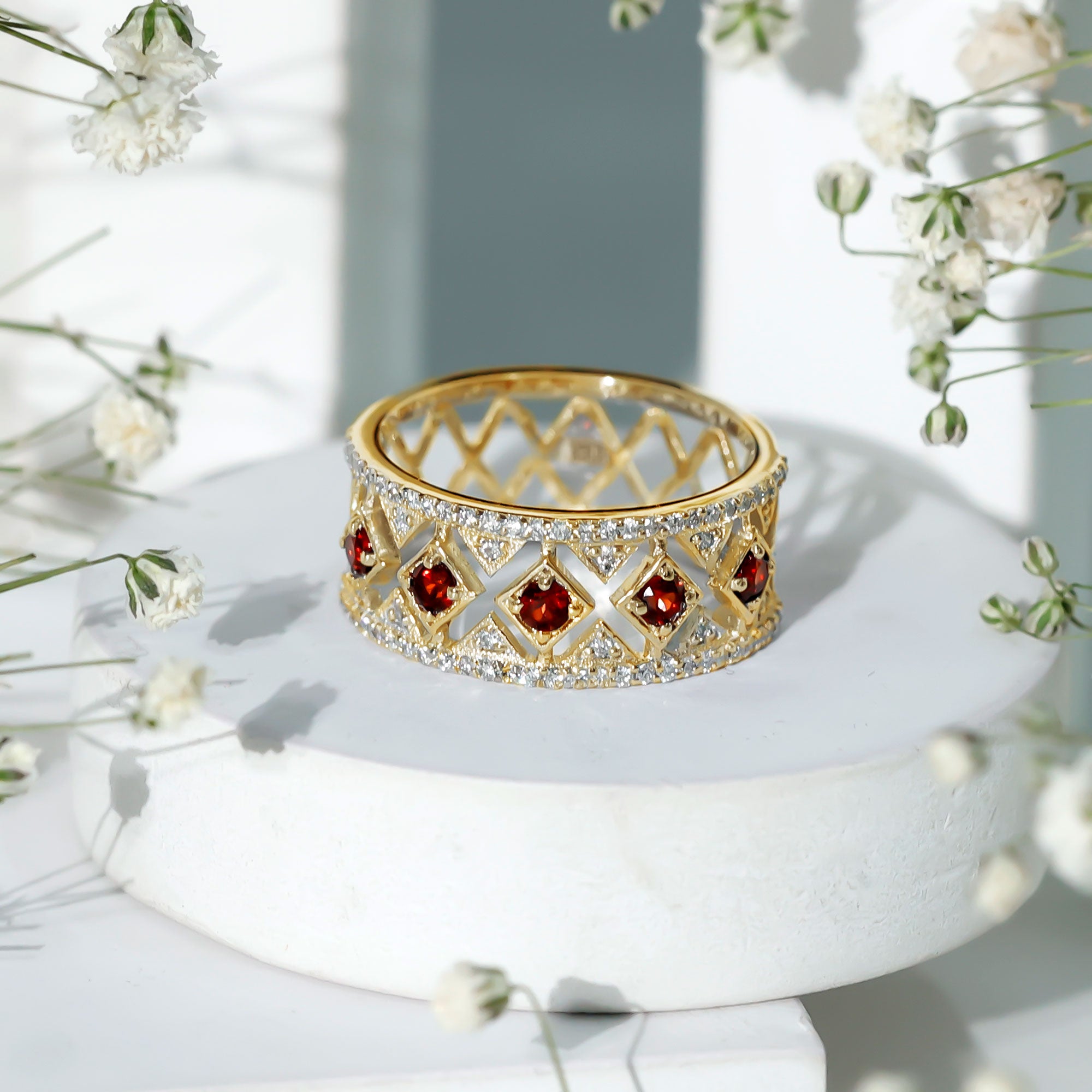 Art Deco Garnet Diamond Thick Wedding Band with Certificate AAA - Rosec Jewels