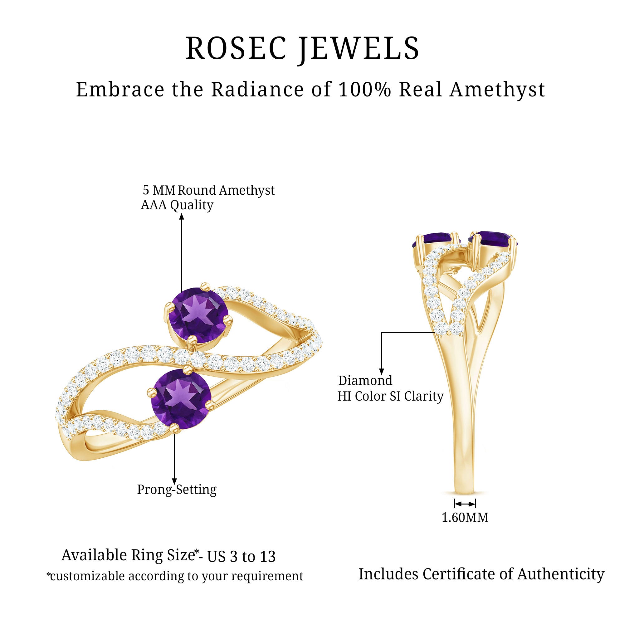 Rosec Jewels-Real Amethyst Toi Et Moi Engagement Ring with Diamond