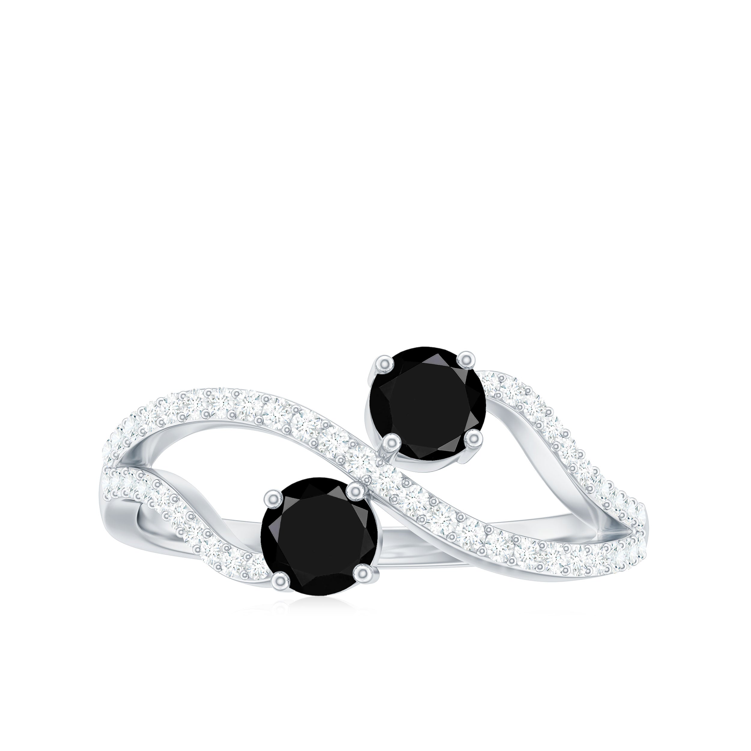Natural Black Onyx 2 Stone Promise Ring with Diamond AAA - Rosec Jewels