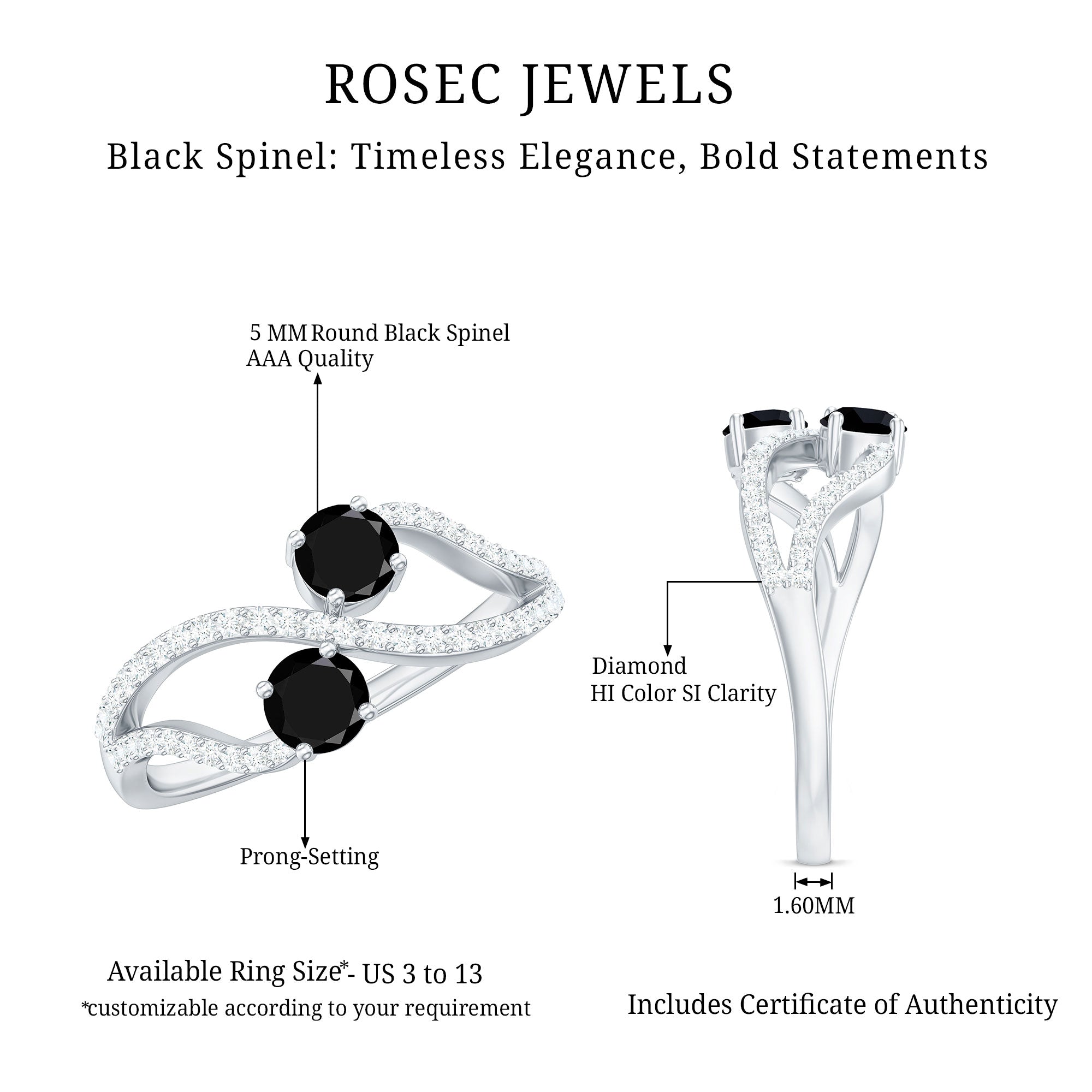 Rosec Jewels-Natural Black Spinel 2 Promise Ring with Diamond