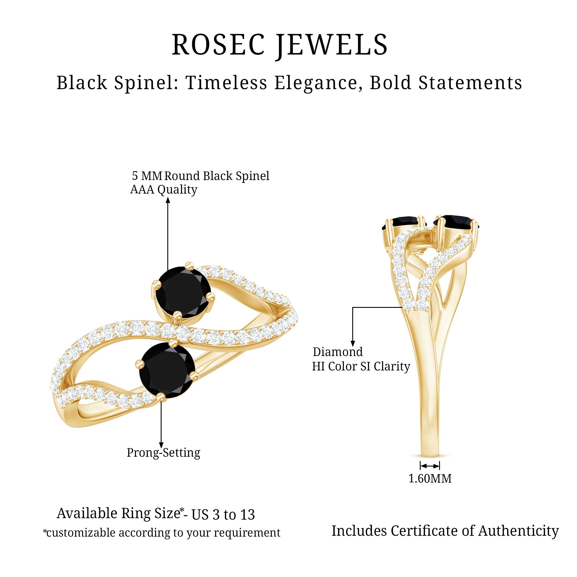 Rosec Jewels-Natural Black Spinel 2 Promise Ring with Diamond