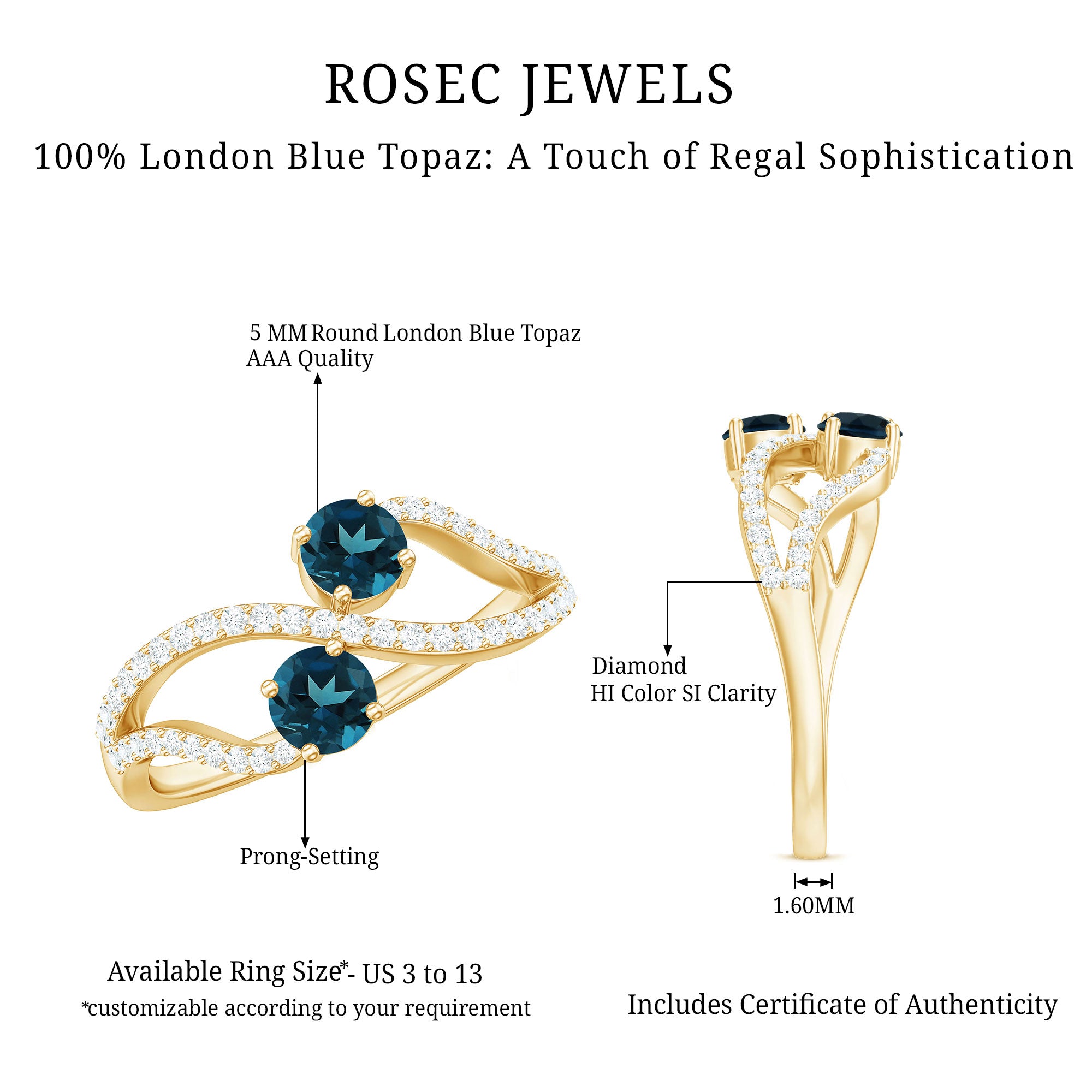 Rosec Jewels-Natural London Blue Topaz 2 Stone Promise Ring with Diamond