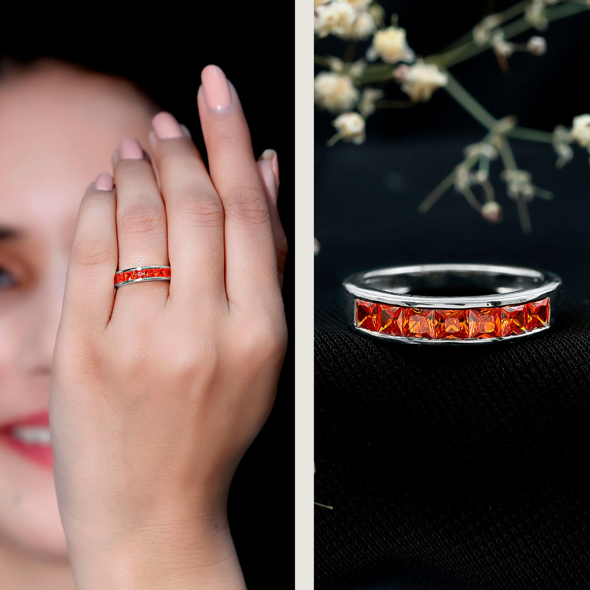 Princess Cut Lab Grown Orange Sapphire Half Eternity Band in Channel Set AAAA - Rosec Jewels