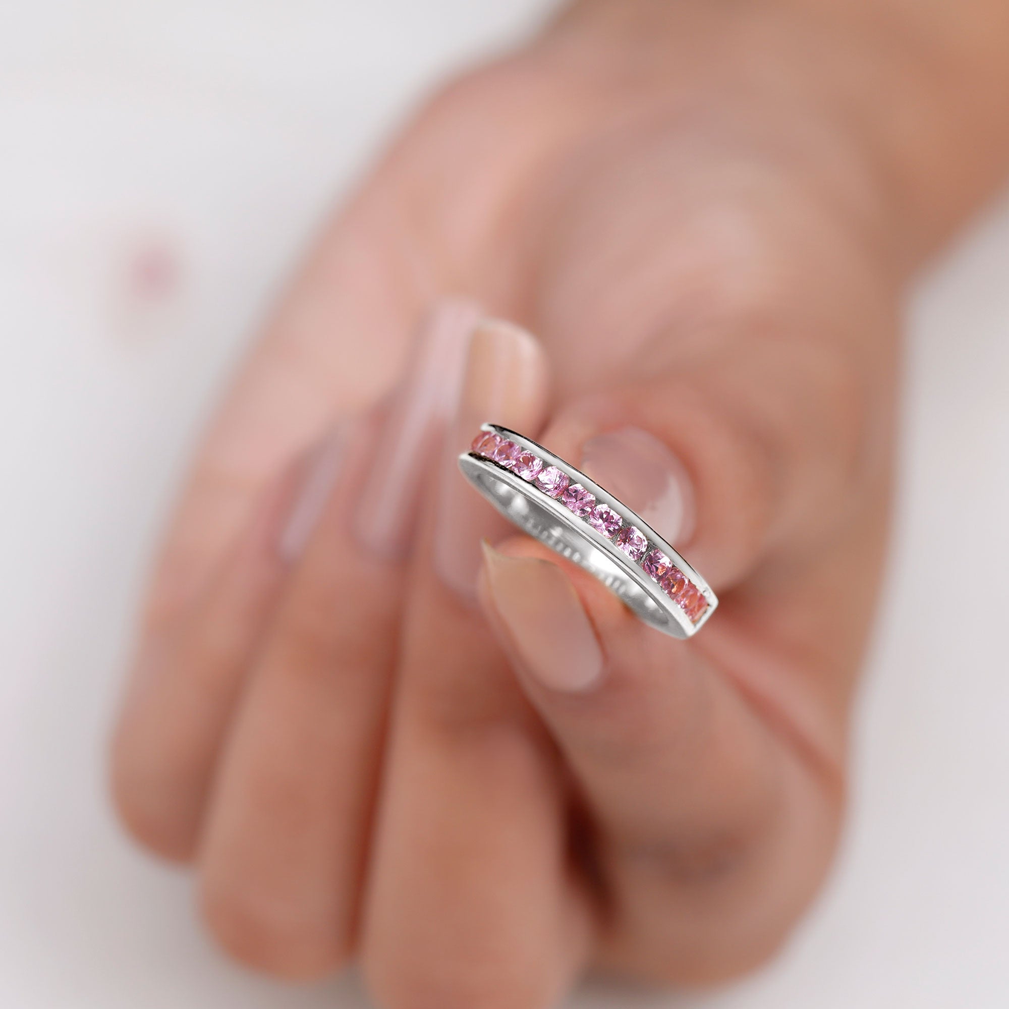 1.75 CT Round Created Pink Sapphire Semi Eternity Band Ring in Channel Setting Lab Created Pink Sapphire - ( AAAA ) - Quality - Rosec Jewels