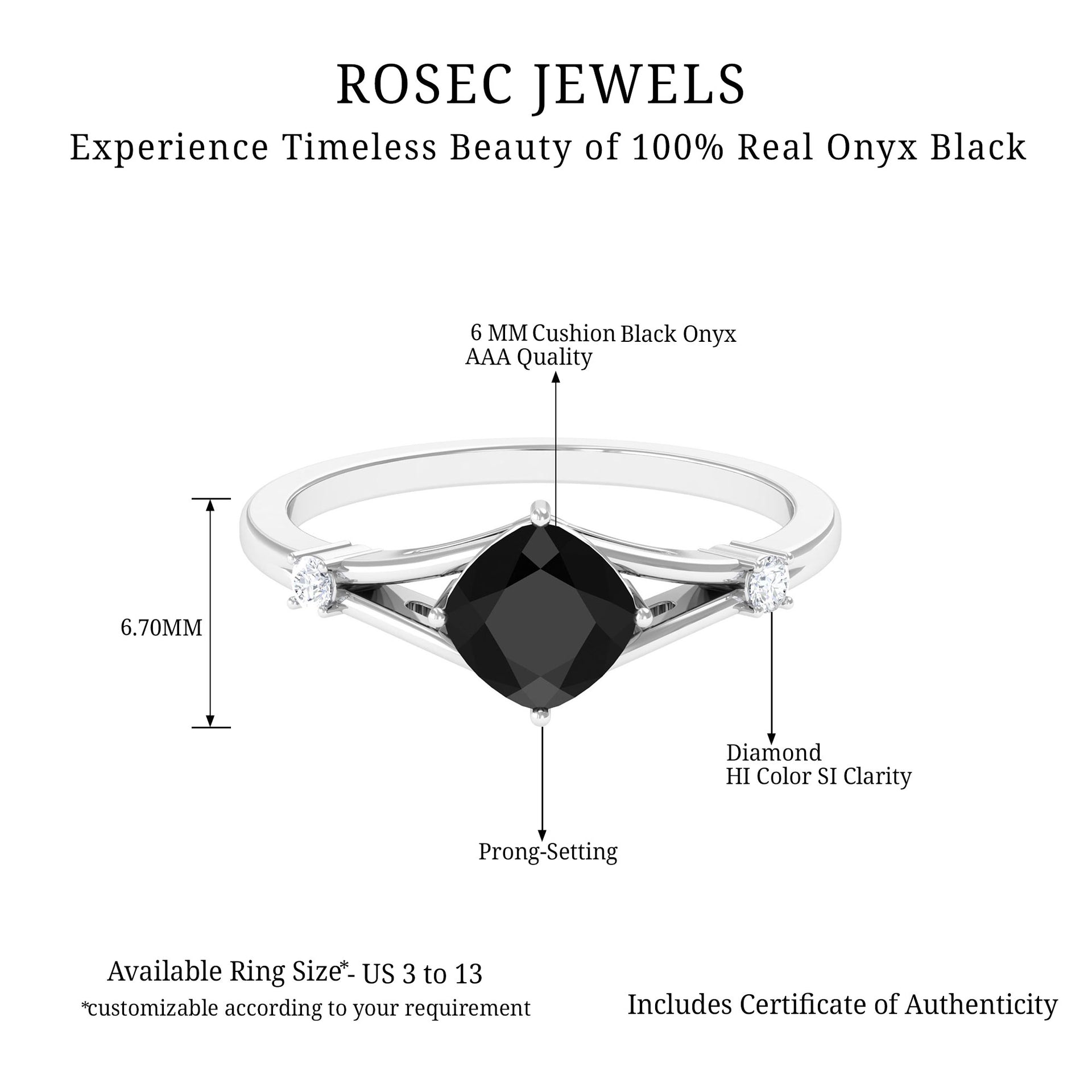 Cushion Black Onyx Split Shank Engagement Ring with Diamond Black Onyx - ( AAA ) - Quality - Rosec Jewels