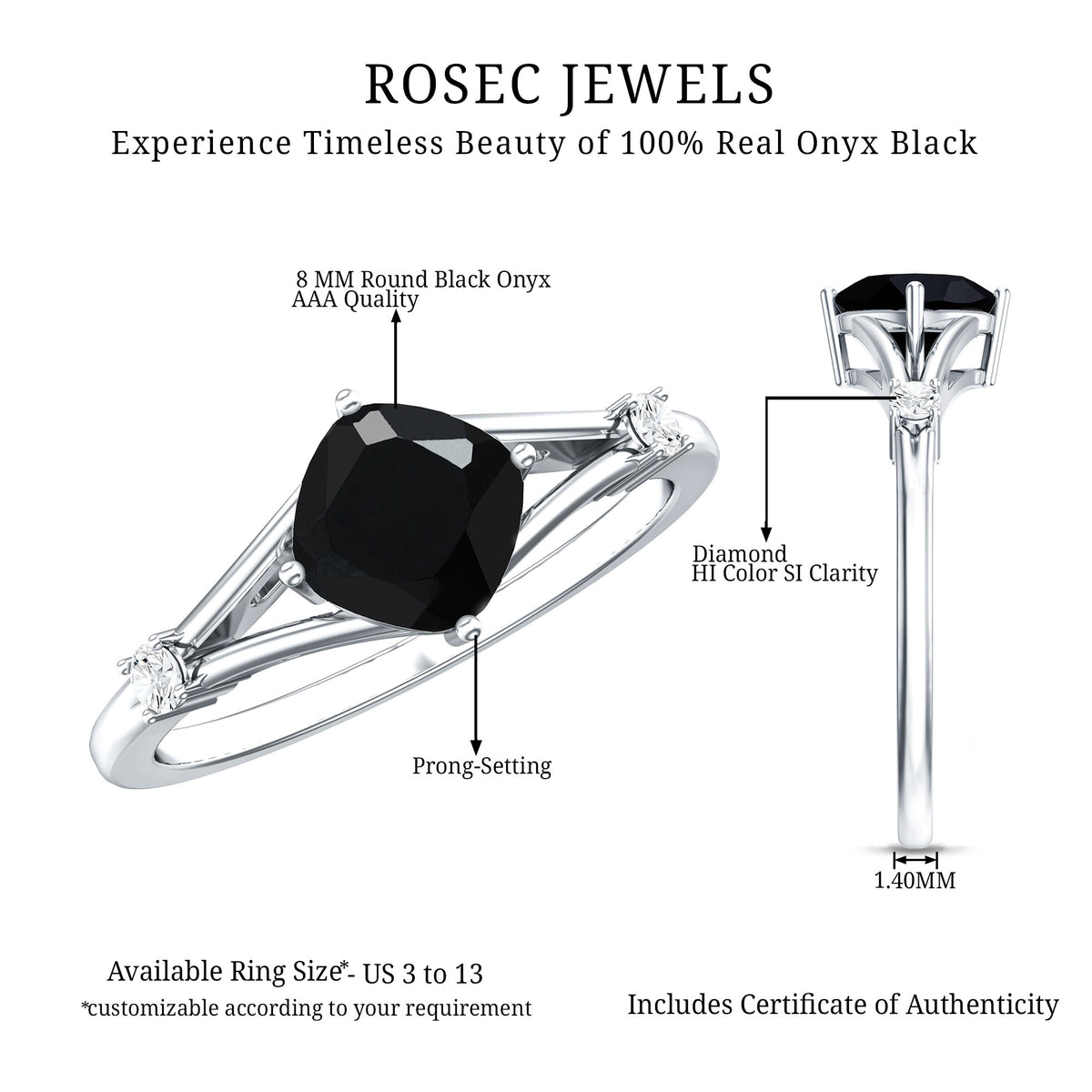 Cushion Black Onyx Split Shank Engagement Ring with Diamond AAA - Rosec Jewels