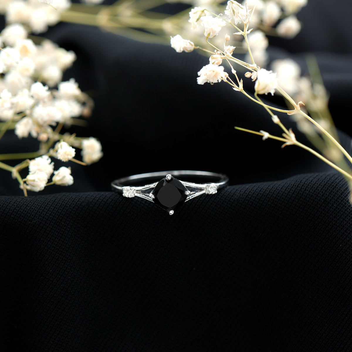Cushion Black Onyx Split Shank Engagement Ring with Diamond AAA - Rosec Jewels