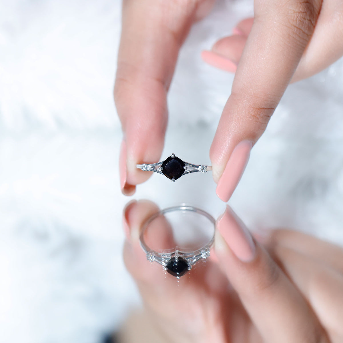 Cushion Black Onyx Split Shank Engagement Ring with Diamond AAA - Rosec Jewels