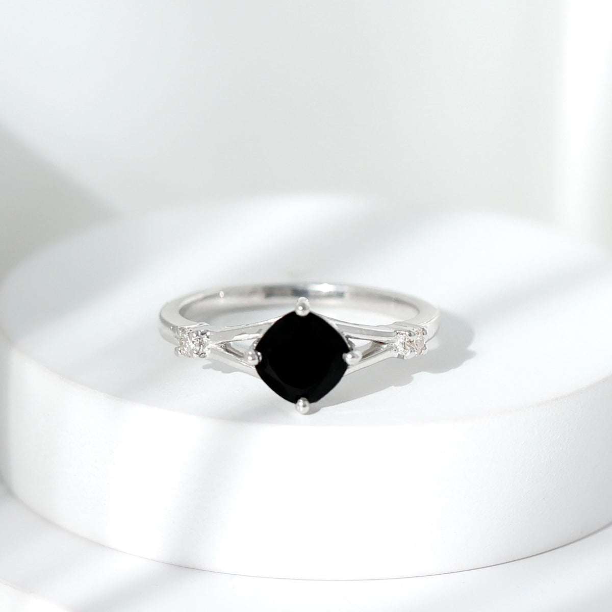 Cushion Black Onyx Split Shank Engagement Ring with Diamond AAA - Rosec Jewels