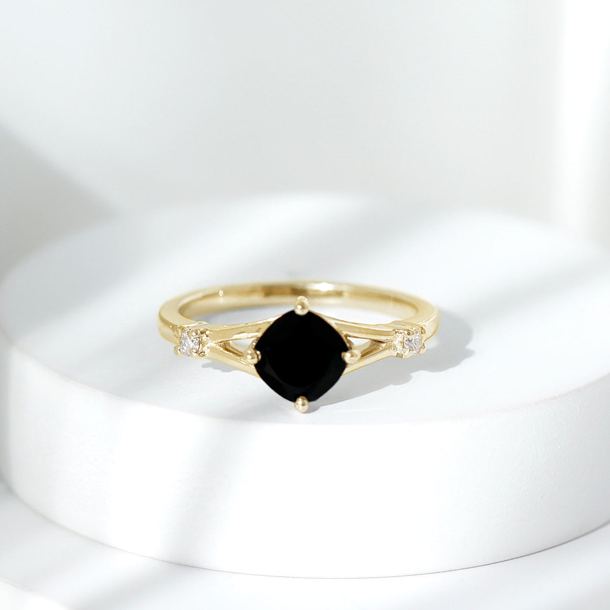Cushion Black Onyx Split Shank Engagement Ring with Diamond AAA - Rosec Jewels