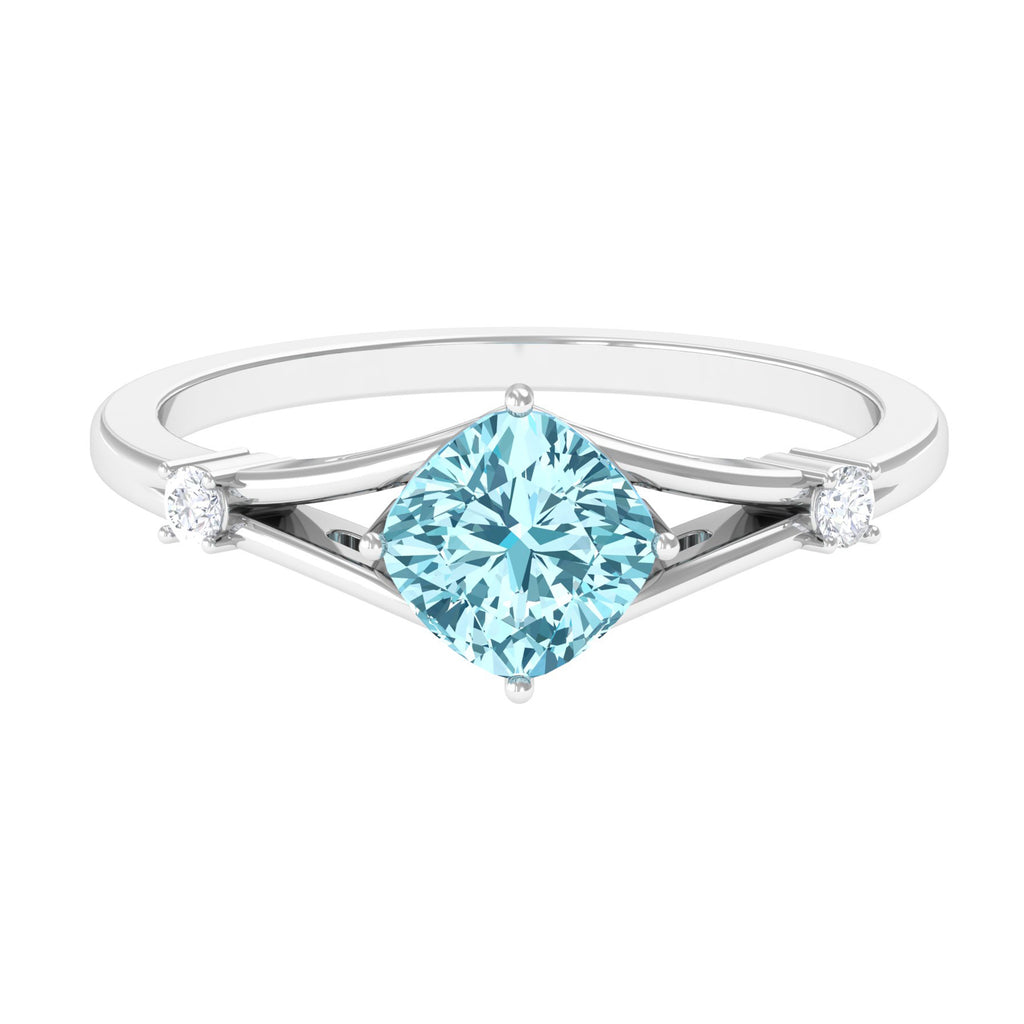 Cushion Cut Aquamarine Solitaire Ring with Diamond in Split Shank Aquamarine - ( AAA ) - Quality - Rosec Jewels