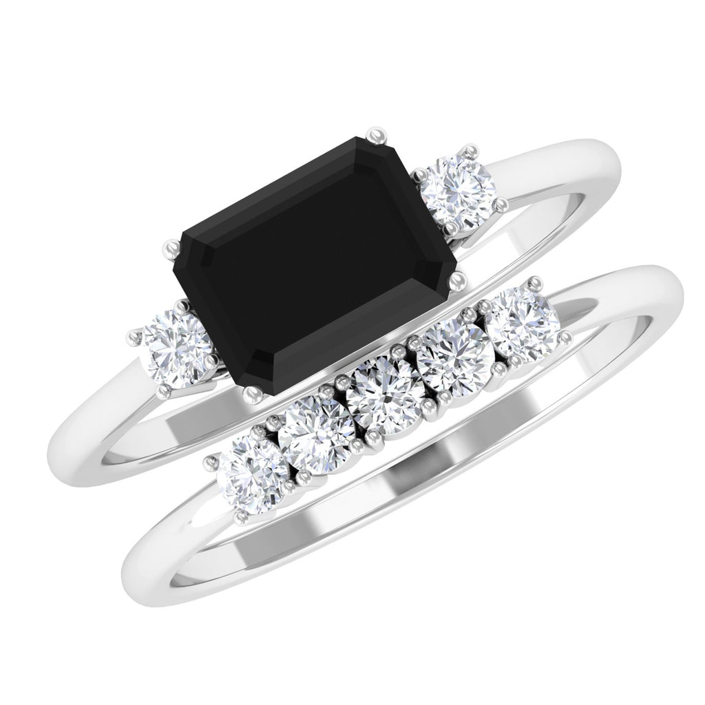 Octagon Cut Black Onyx Contemporary Wedding Ring Set with Diamond Black Onyx - ( AAA ) - Quality - Rosec Jewels