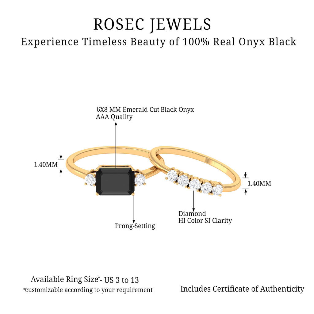 Octagon Cut Black Onyx Contemporary Wedding Ring Set with Diamond Black Onyx - ( AAA ) - Quality - Rosec Jewels