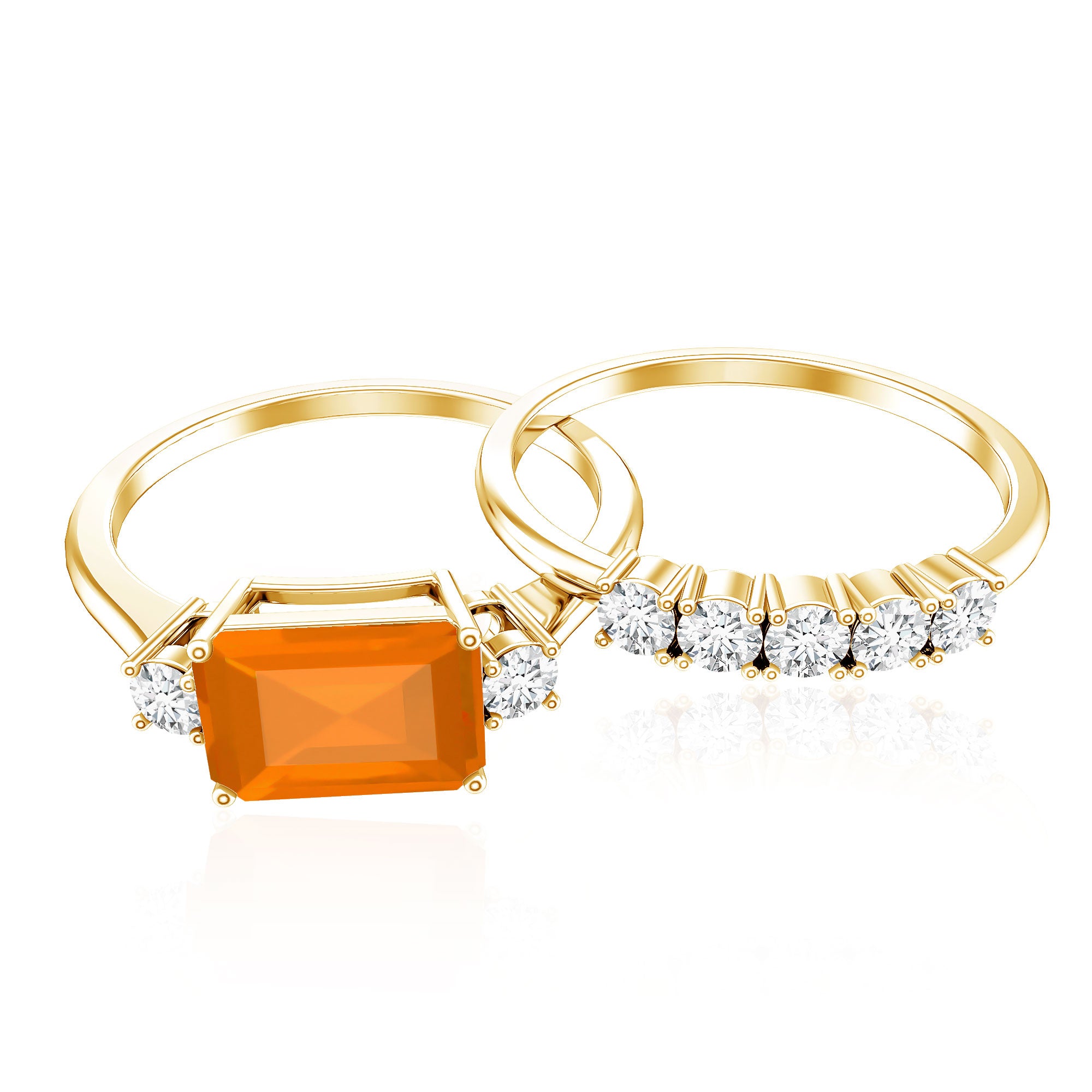 1 Carat Emerald Cut Fire Opal and Diamond Engagement Ring with Enhancer AAA - Rosec Jewels
