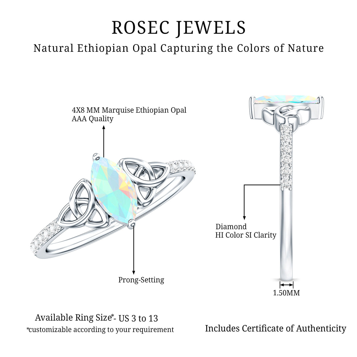 Natural Ethiopian Opal Diamond Engagement Ring with Celtic Knot AAA - Rosec Jewels