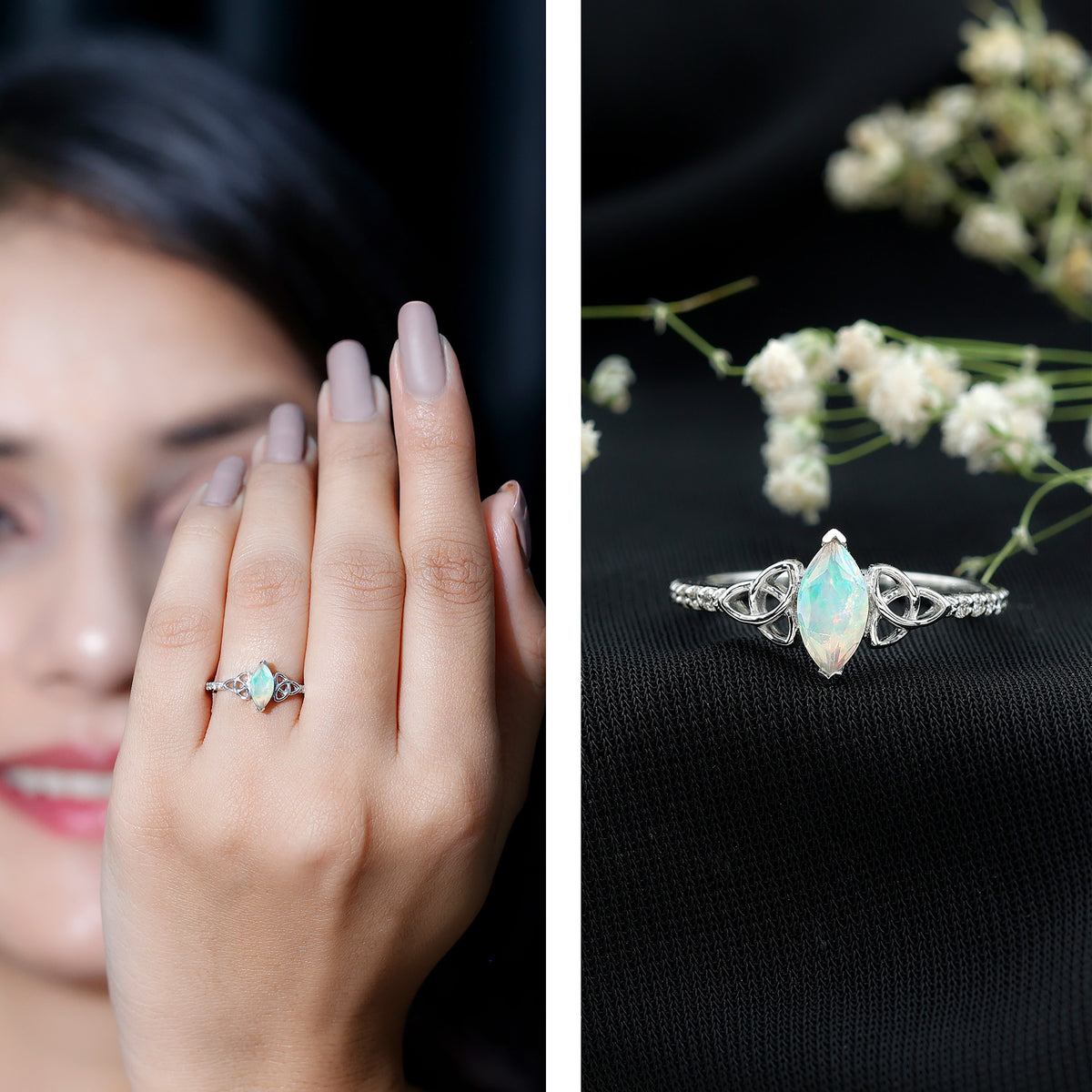 Natural Ethiopian Opal Diamond Engagement Ring with Celtic Knot AAA - Rosec Jewels