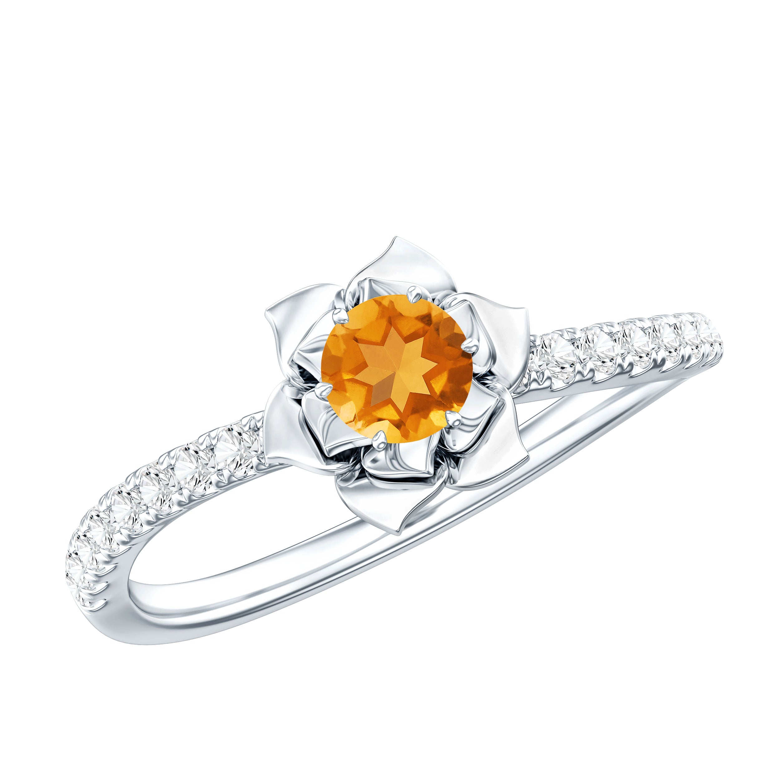 Certified Real Citrine Flower Engagement Ring with Diamond AAA - Rosec Jewels