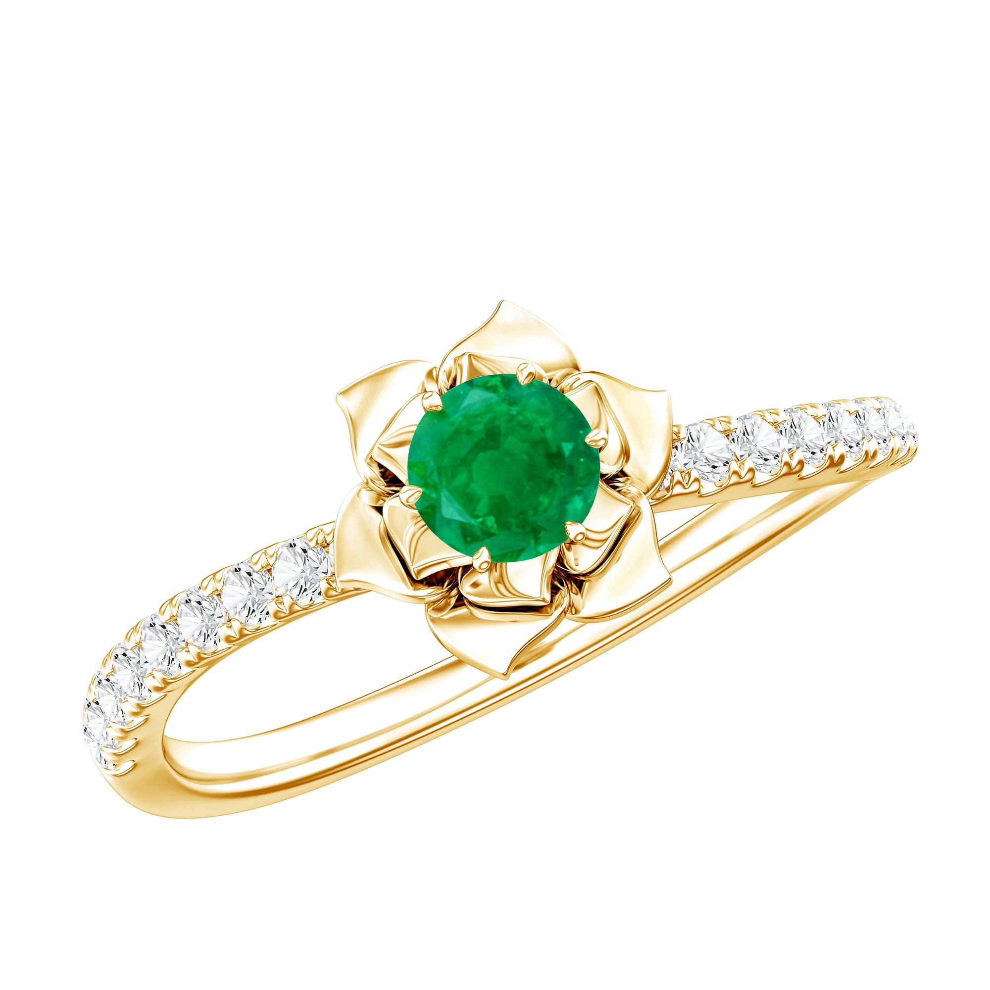 Genuine Emerald Flower Engagement Ring with Diamond AAA - Rosec Jewels