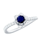 Rosec Jewels-Real 0.9 Carat Blue Sapphire Rose Flower Engagement Ring with Diamond