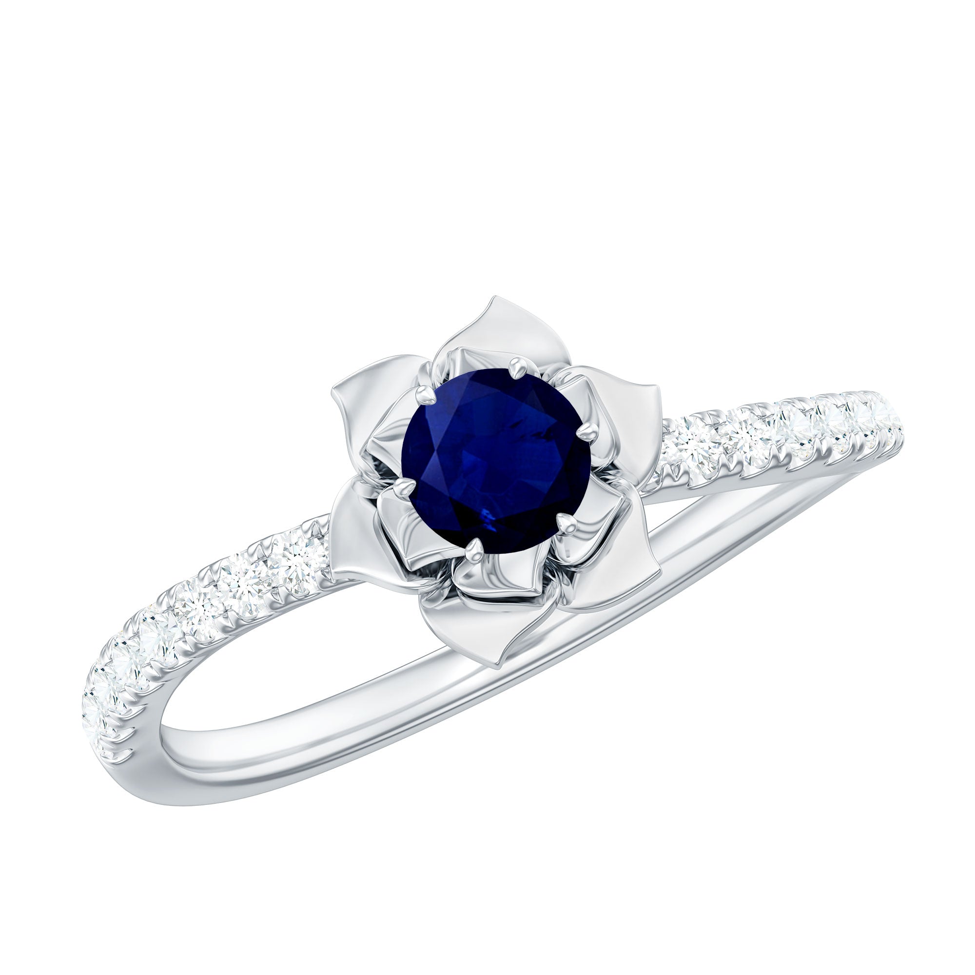 Rosec Jewels-Real 0.9 Carat Blue Sapphire Rose Flower Engagement Ring with Diamond