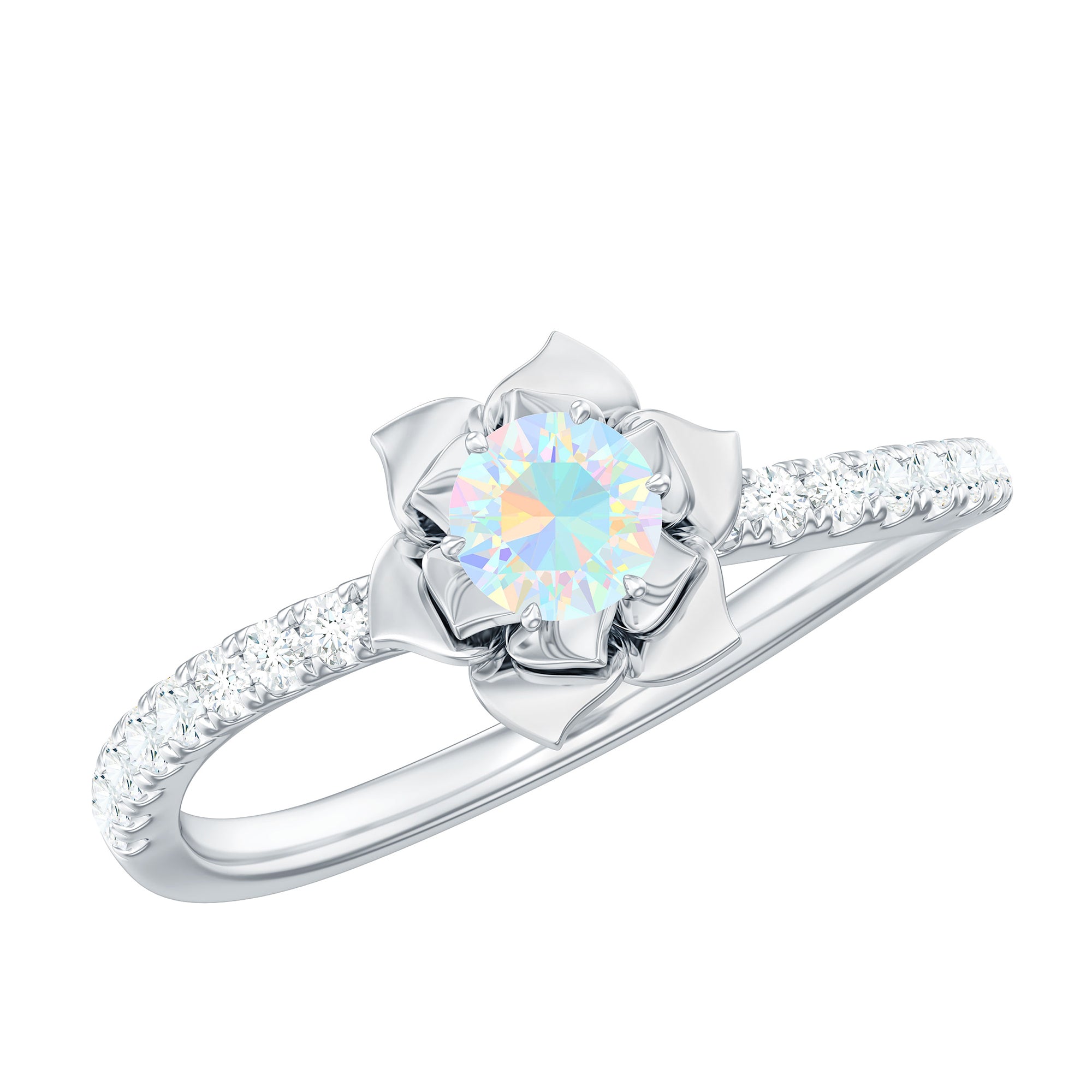 Ethiopian Opal Flower Engagement Ring with Diamond Ethiopian Opal - ( AAA ) - Quality - Rosec Jewels