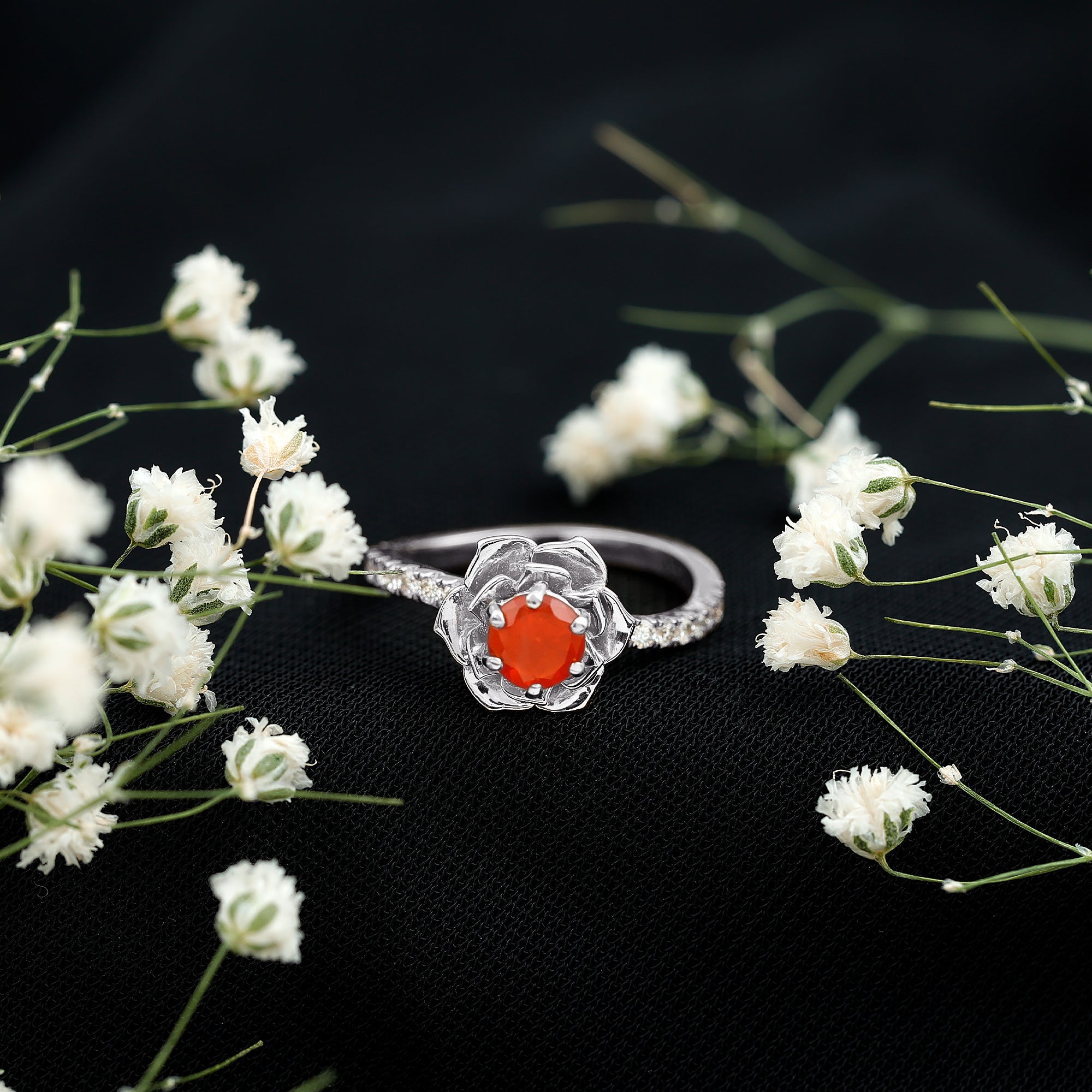 Rosec Jewels-1/2 Ct Fire Opal Flower Engagement Ring with Diamond