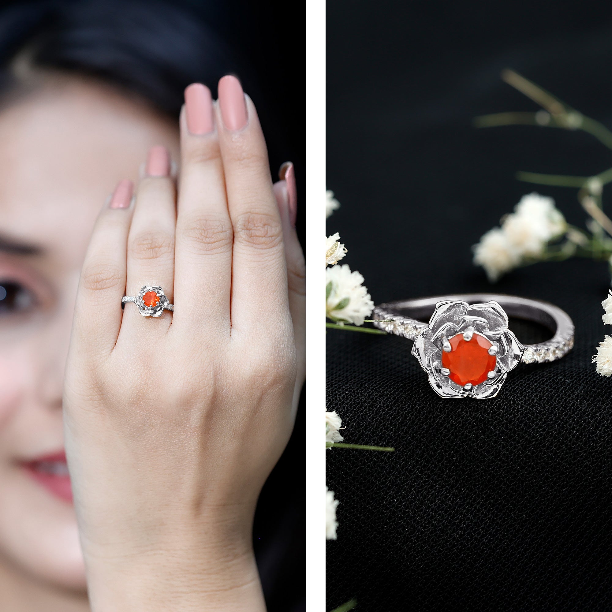 Rosec Jewels-1/2 Ct Fire Opal Flower Engagement Ring with Diamond