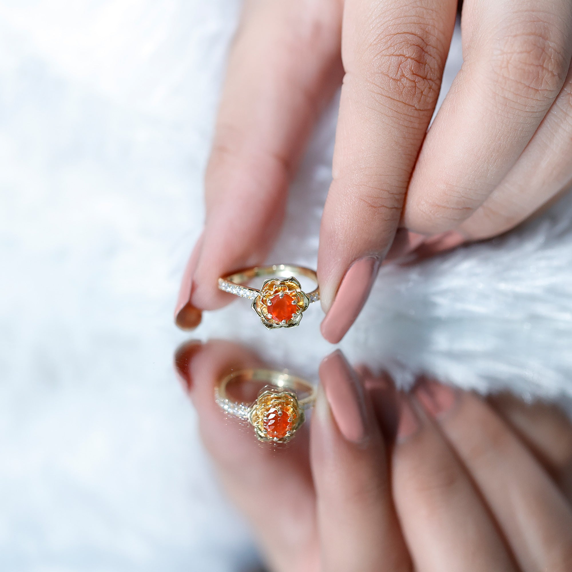 Rosec Jewels-1/2 Ct Fire Opal Flower Engagement Ring with Diamond