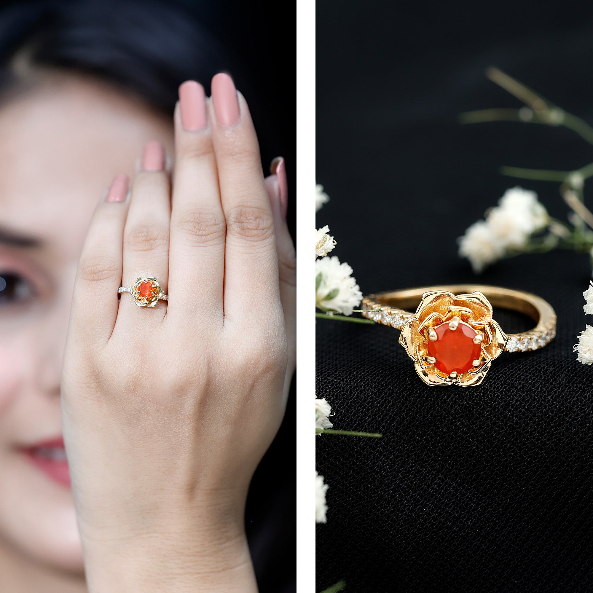 Rosec Jewels-1/2 Ct Fire Opal Flower Engagement Ring with Diamond