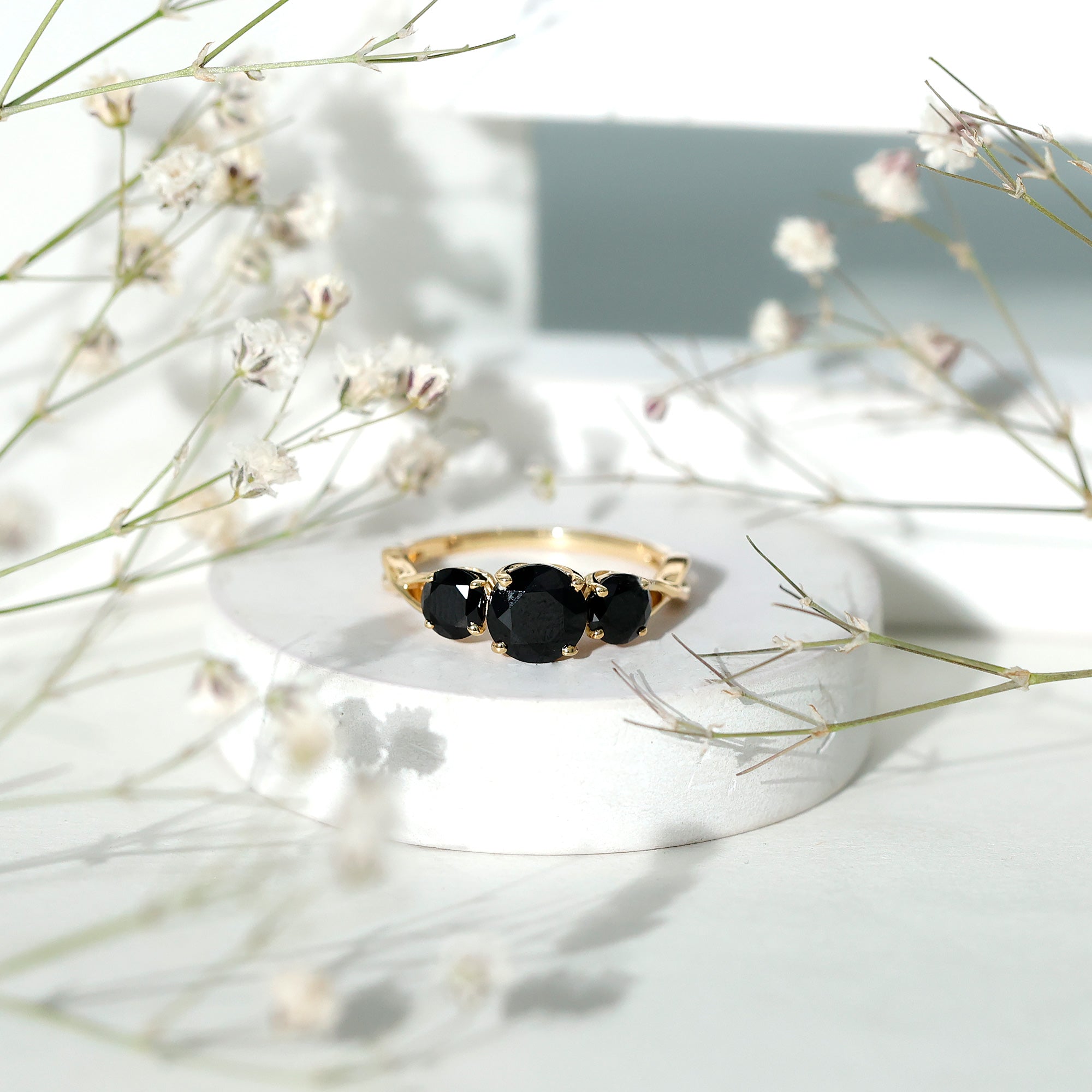 Natural Black Spinel 3 Stone Engagement Ring for Women AAA - Rosec Jewels