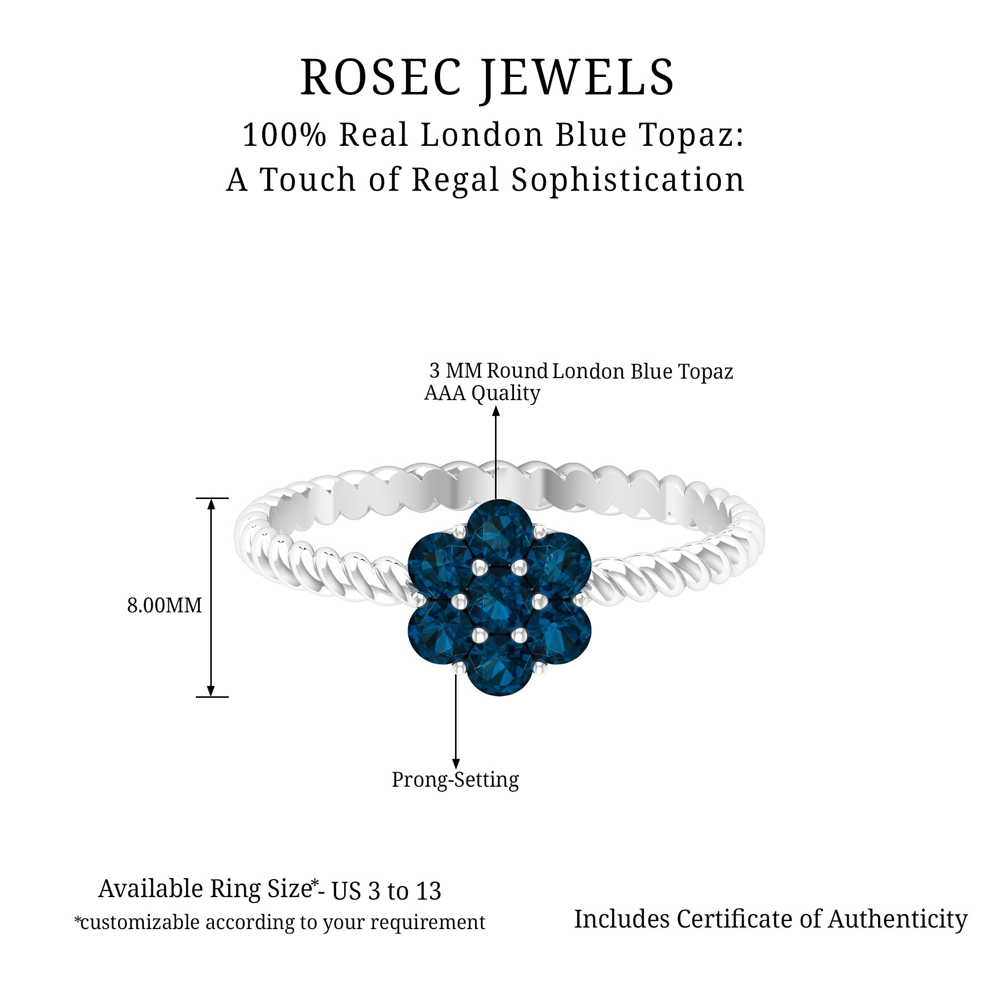 1.25 CT London Blue Topaz Floral Cluster Ring with Twisted Rope Details London Blue Topaz - ( AAA ) - Quality - Rosec Jewels
