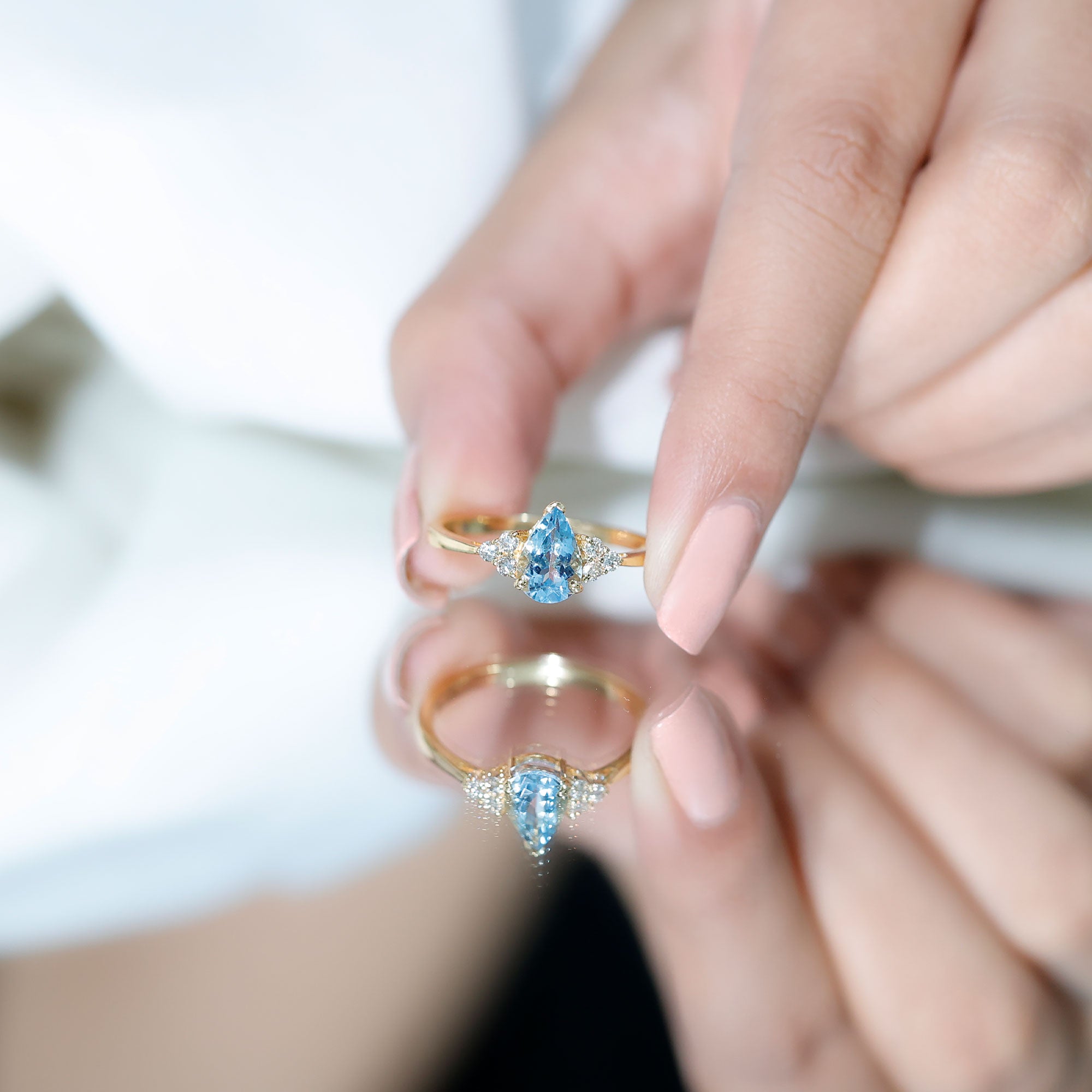1 Carat Aquamarine Pear Engagement Ring with Diamond Trio AAA - Rosec Jewels