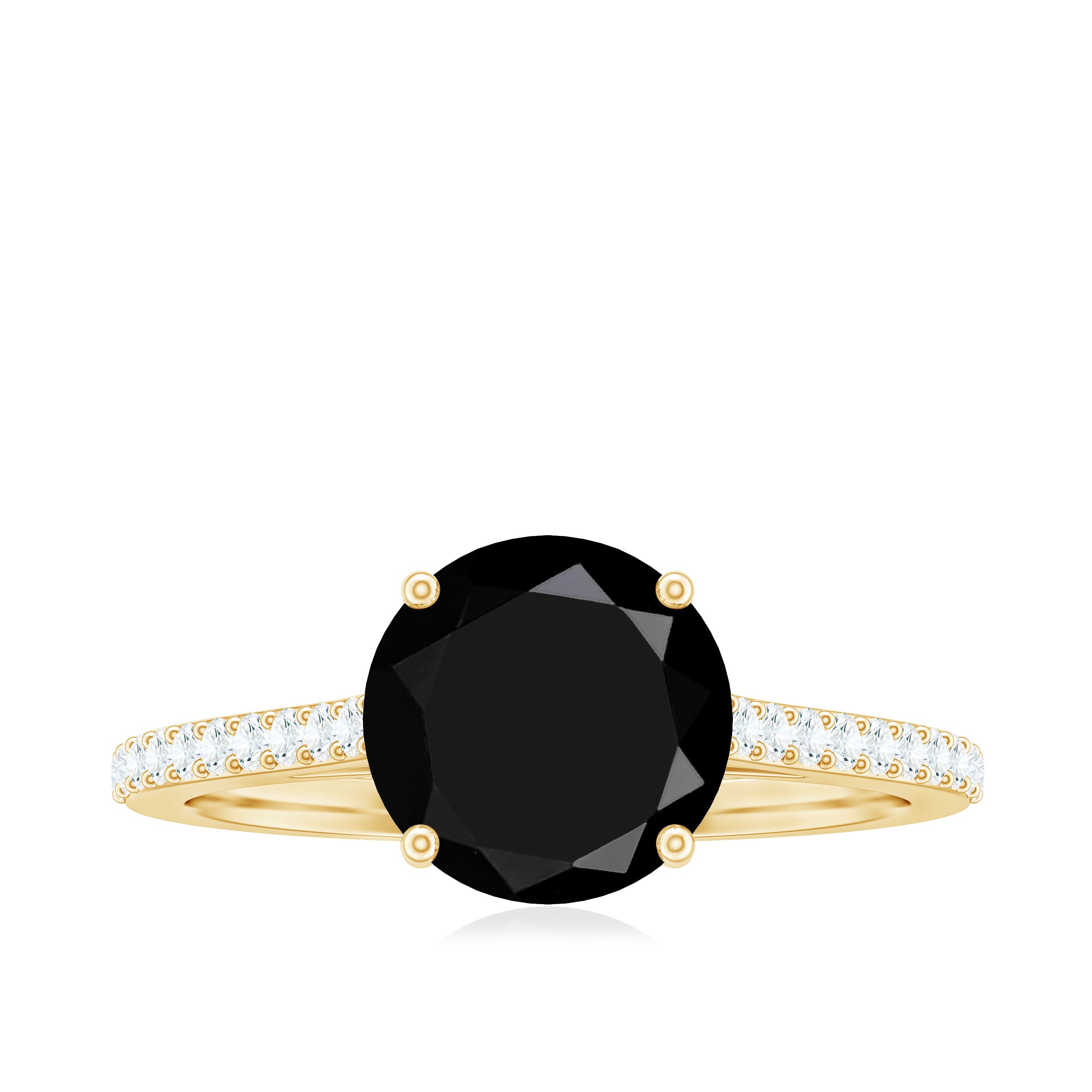 Round Cut Black Onyx Engagement Ring with Diamond Side Stones AAA - Rosec Jewels