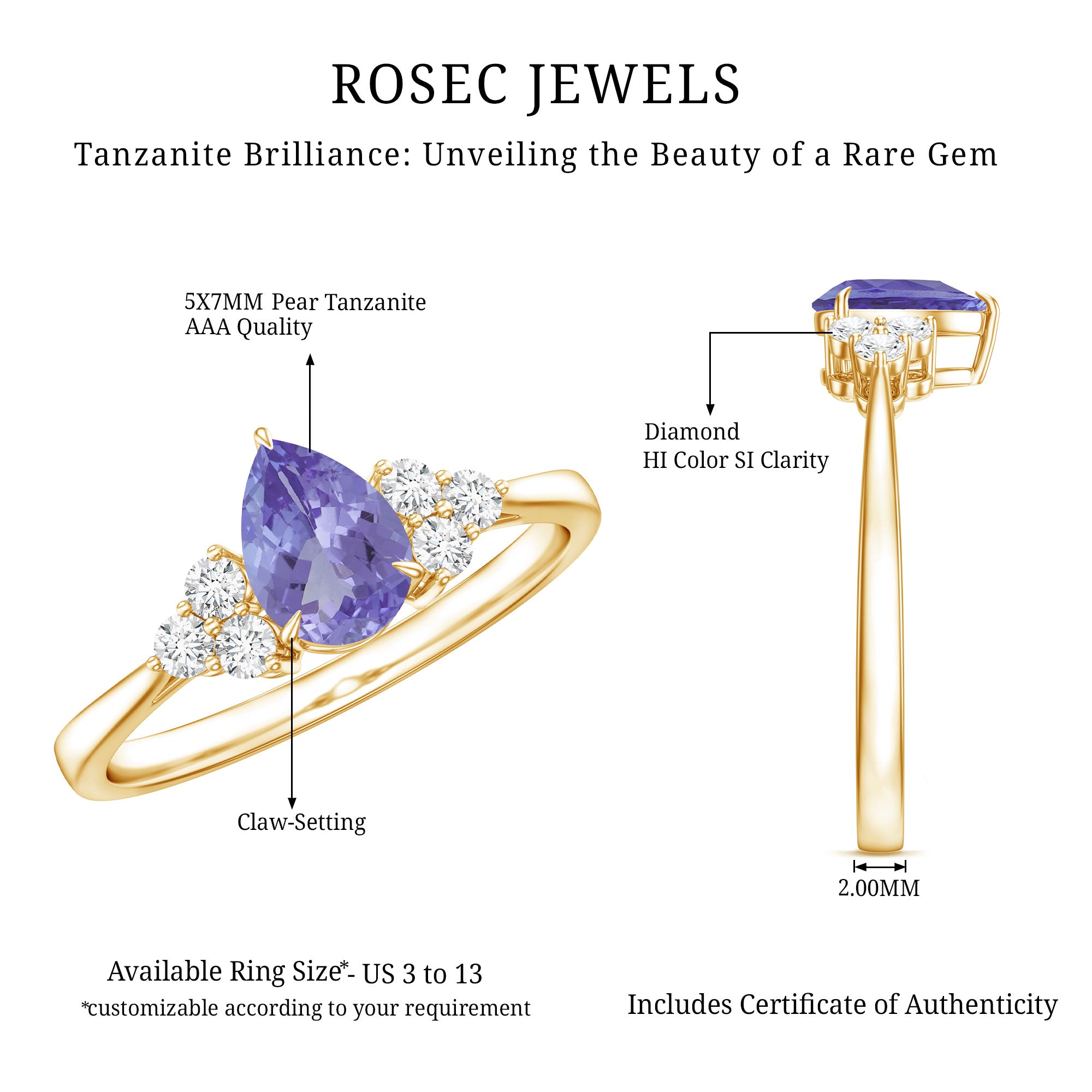 0.8 Carat Pear Shaped Tanzanite Engagement Ring with Diamond Trio AAA - Rosec Jewels