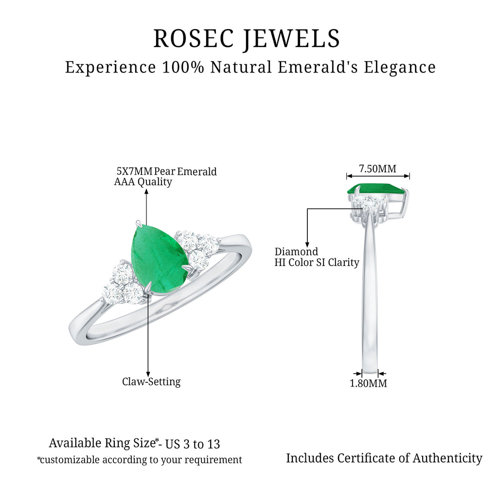 Pear Shaped Emerald Solitaire Ring with Diamond Trio Emerald - ( AAA ) - Quality - Rosec Jewels