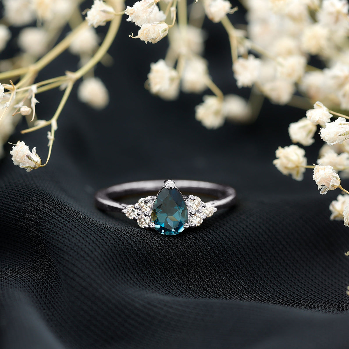 5X7mm Pear Shape London Blue Topaz Engagement Ring with Diamond Trio AAA - Rosec Jewels