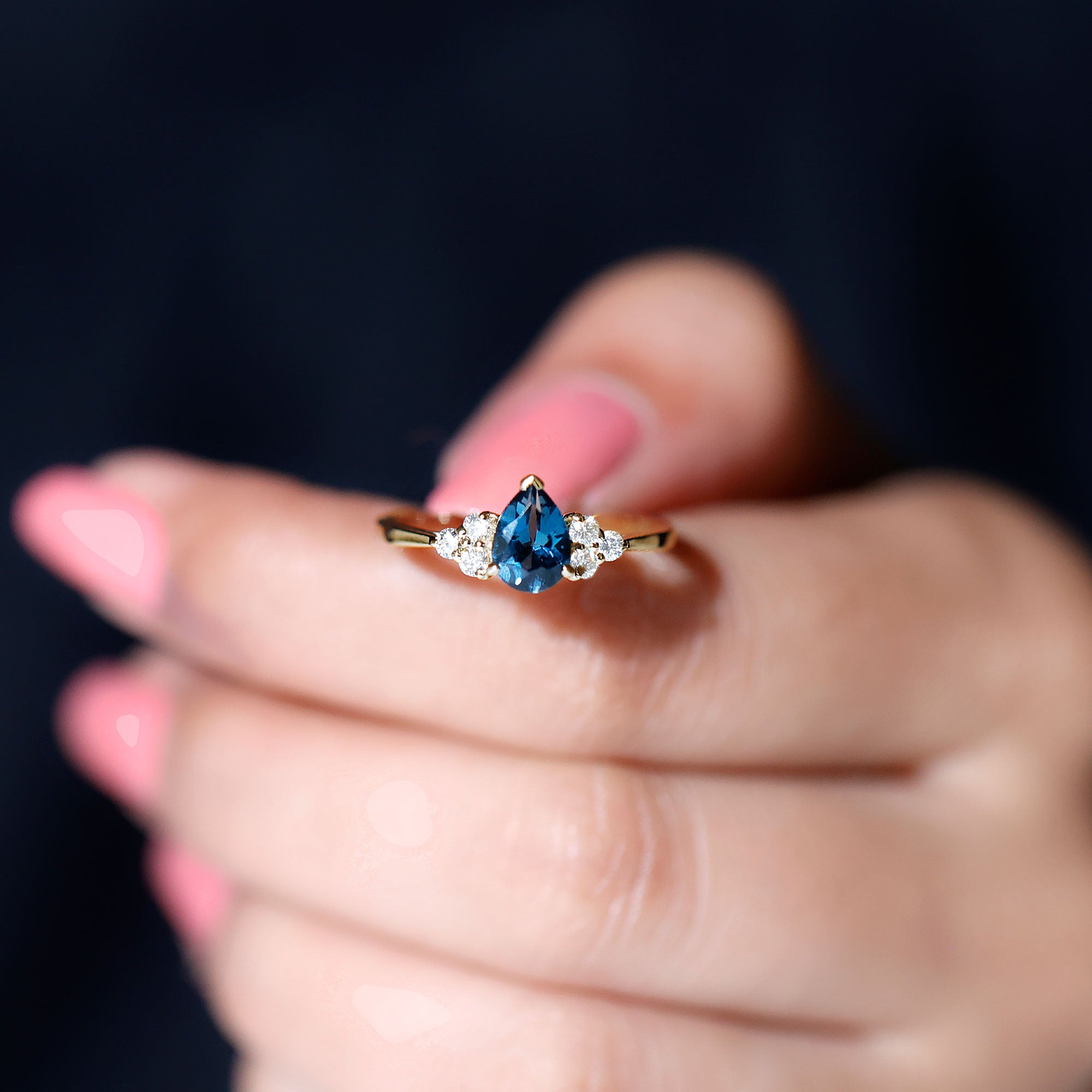 Pear Cut London Blue Topaz Engagement Ring with Diamond Trio London Blue Topaz - ( AAA ) - Quality - Rosec Jewels