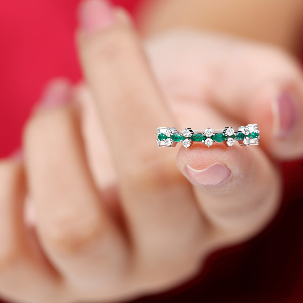 Green Emerald and Diamond Half Eternity Ring - Rosec Jewels