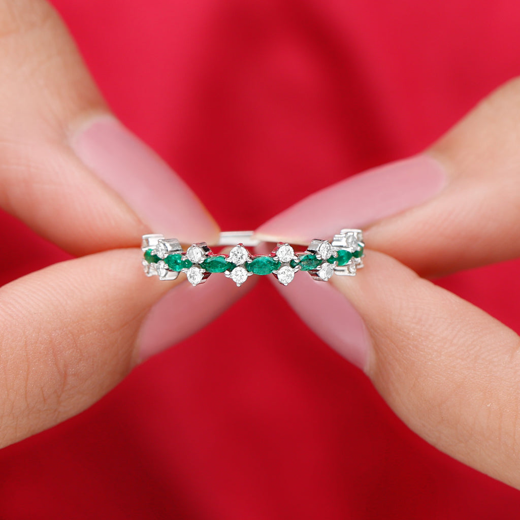 Green Emerald and Diamond Half Eternity Ring - Rosec Jewels
