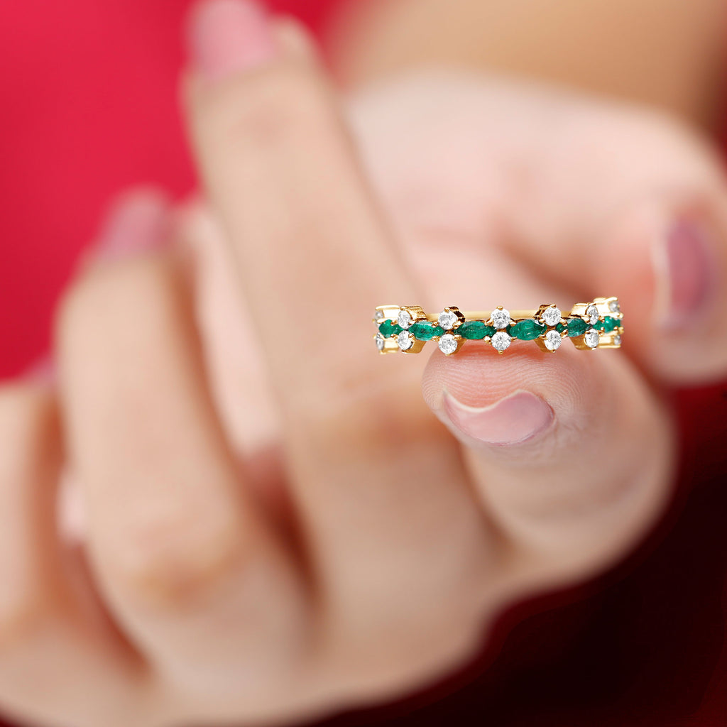 Green Emerald and Diamond Half Eternity Ring Emerald - ( AAA ) - Quality - Rosec Jewels