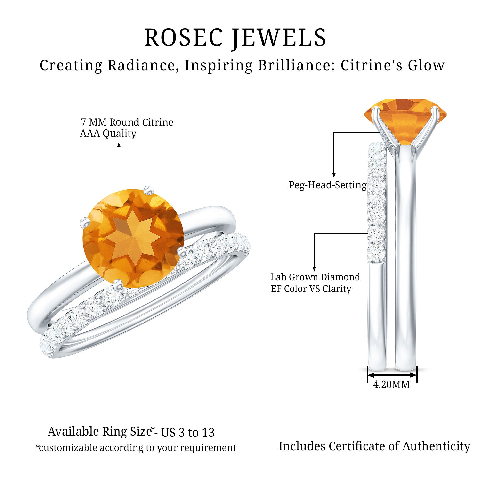 Rosec Jewels-Natural Citrine Wedding Bridal Ring Set with Diamond