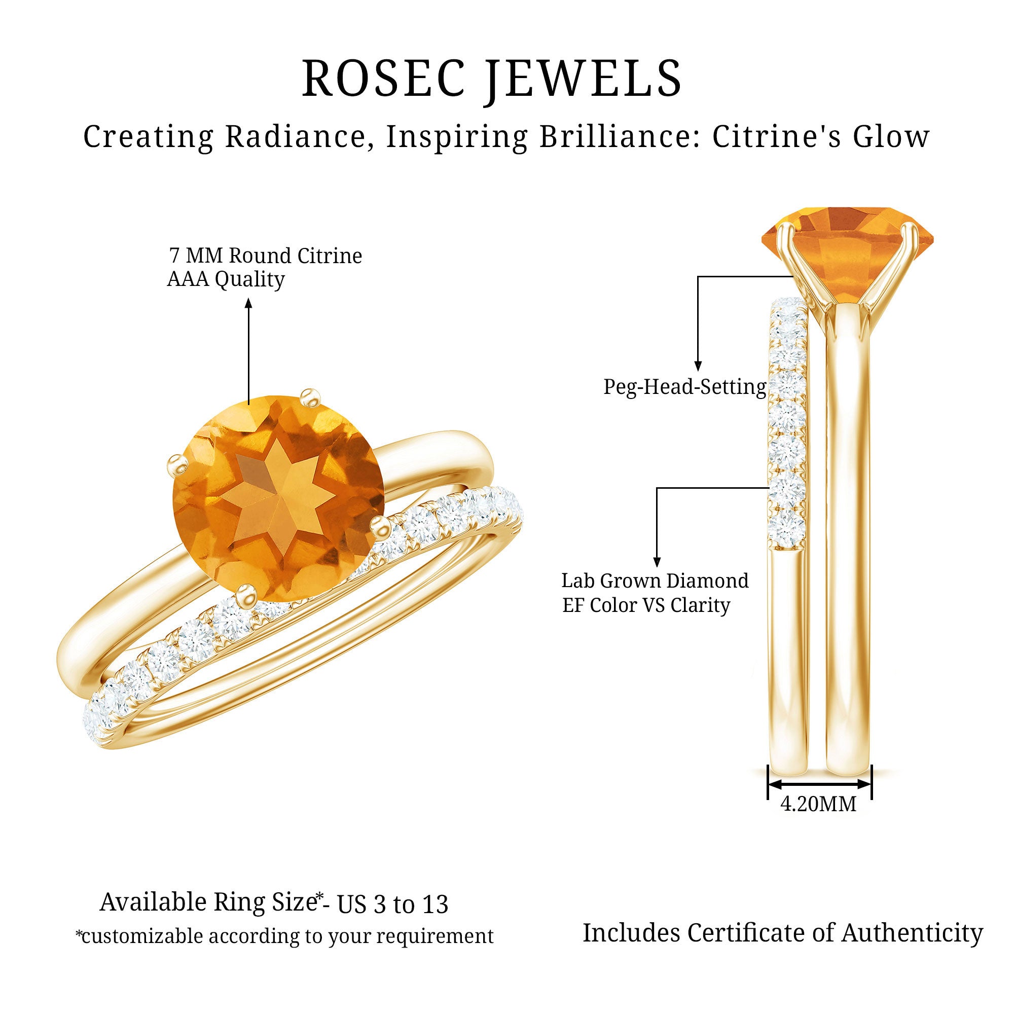 Rosec Jewels-Natural Citrine Wedding Bridal Ring Set with Diamond
