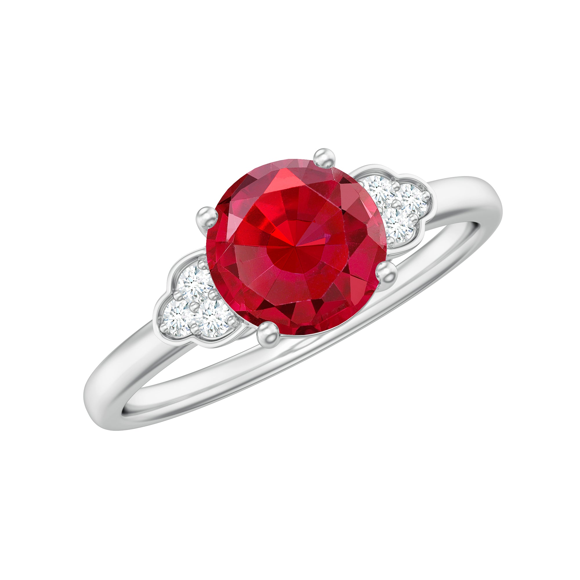 Lab Grown Ruby Solitaire Engagement Ring with Diamond Trio AAAA - Rosec Jewels